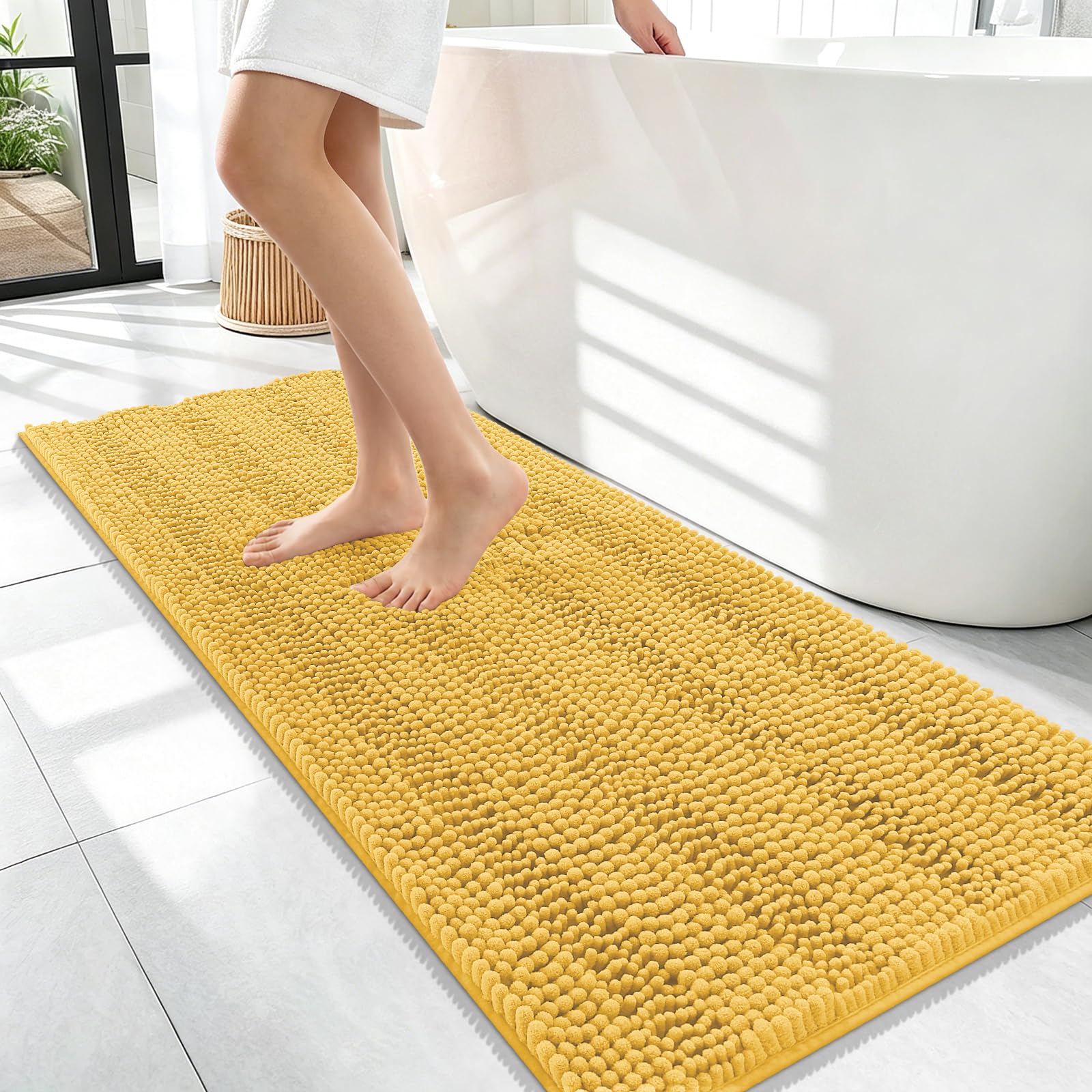 OLANLY Thick Bathroom Runner Rugs 47x17, Soft Chenille Bath Rugs, Yellow