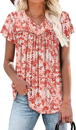 KISSMODA Tops for Womens Summer Cute Short Sleeve Shirts Trendy Notched Neck Blouses Casual Loose Pleated Tunics S-3Xl