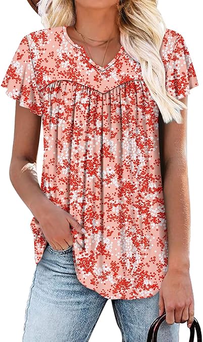 KISSMODA Tops for Womens Summer Cute Short Sleeve Shirts Trendy Notched Neck Blouses Casual Loose Pleated Tunics S-3Xl