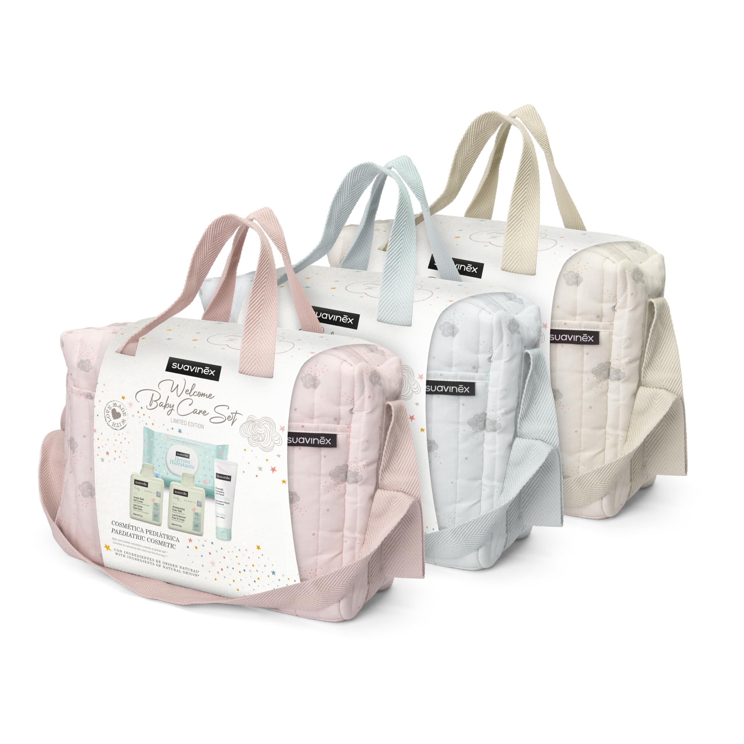 Suavinex Borsa cambio bambino con cosmetici Gel detergente delicato 300 ml Latte idratante 300 ml Crema cambio 75 ml Salviette 60 unità Regalo nascita rosa
