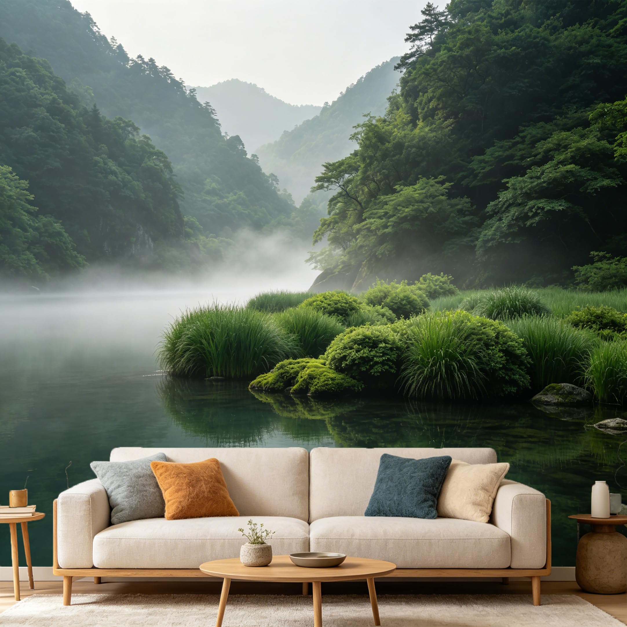 Custom Size Wall Mural Misty Mountain Lake Forest Landscape SelfAdhesive Art Prints wall Fabric (No PVC) Removable Wallpaper Home Bedroom Decor Nature Scenery Wall Art
