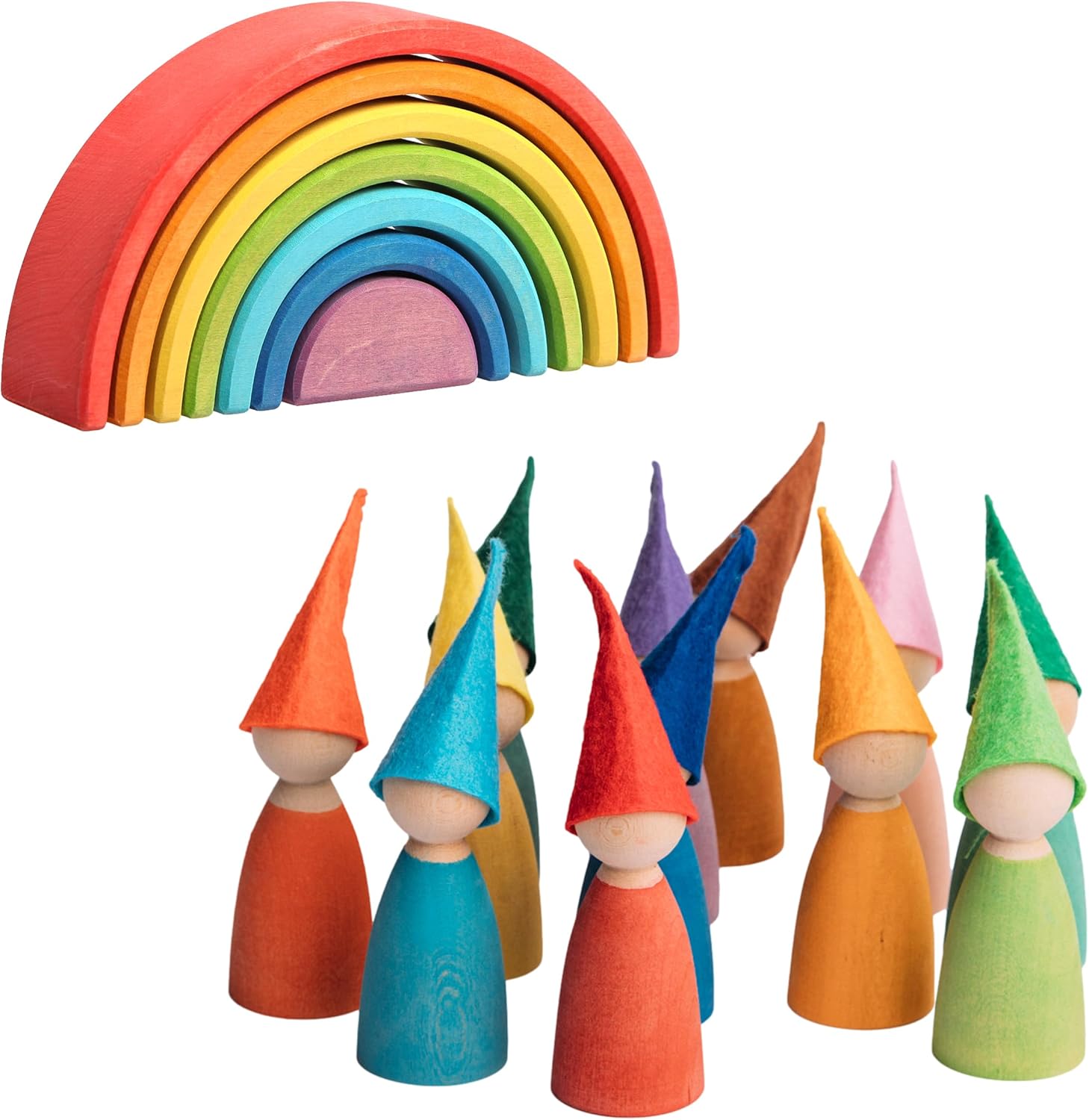7Pcs Wooden Rainbow Stacker Toy Bundled with 12 pcs Wooden Rainbow Peg Dolls