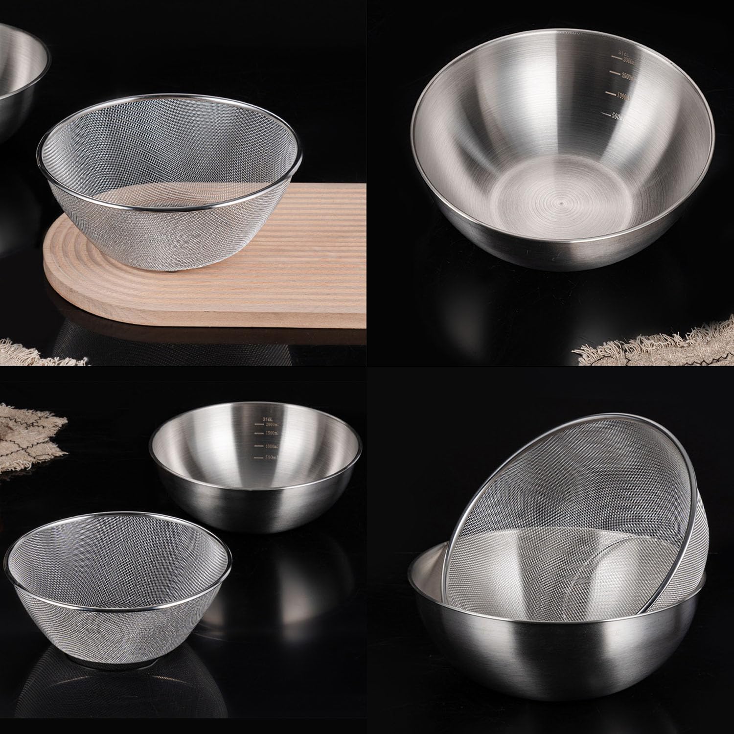 2-Teiliges 1200 ml Edelstahl Salatschüssel Set mit Sieb | 316er Schüssel 1200 ml 19 cm mit Skala, 304er Abtropfsieb 18 cm, Vielseitig zum Waschen, Sieben, Servieren und Vorbereiten