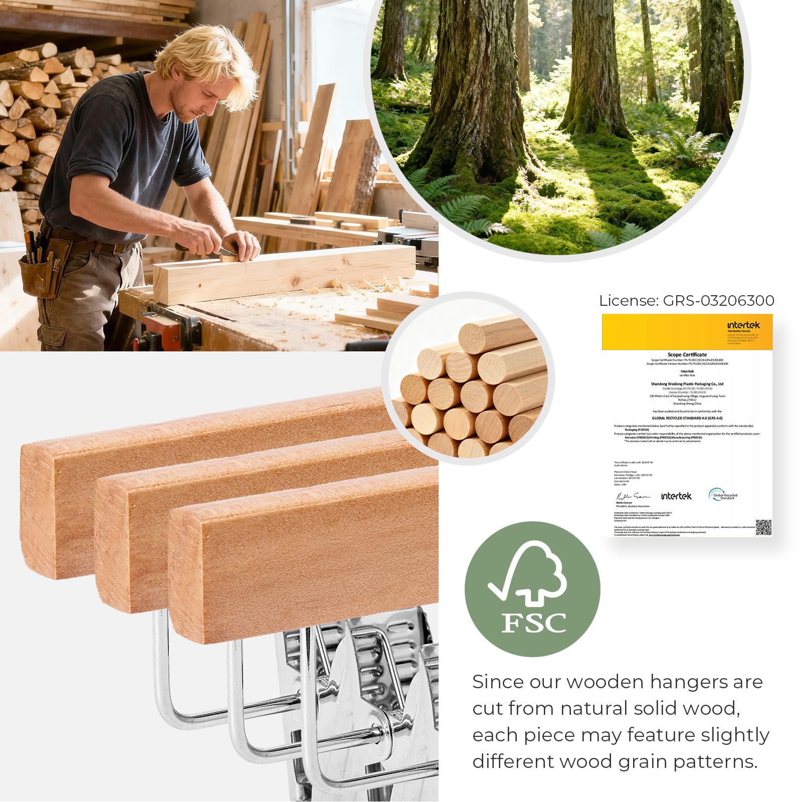 HOUSE DAY Hosenbügel aus Holz mit rutschfesten Clips, solide Lotus-Deluxe-Holz-Kleiderbügel, robuste und rostfreie Haken für faltenfreie Hosen, Röcke, Jeans, platzsparend, für Schrank, 20 Stück