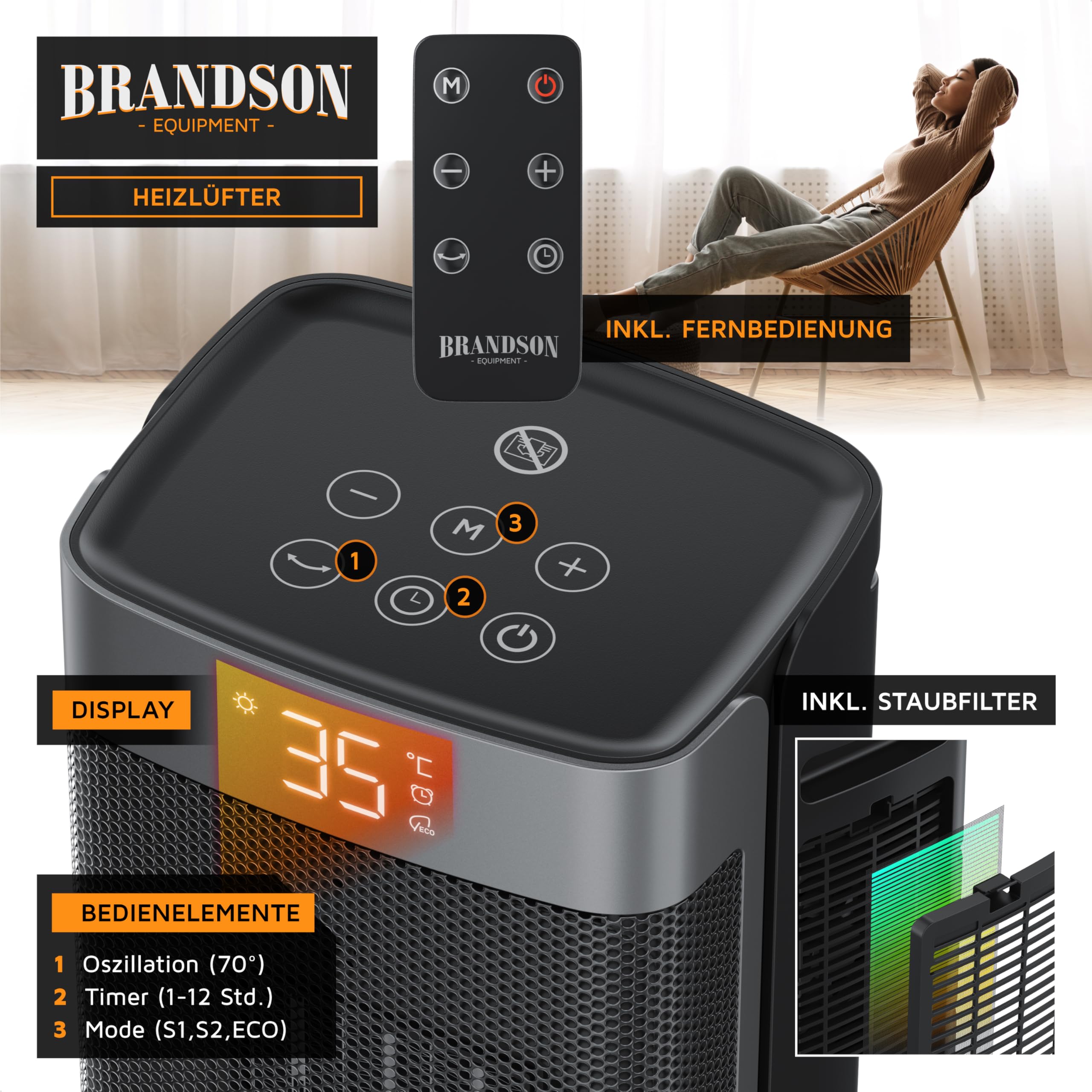 Brandson - Calentador de ventilador de ahorro de energía silencioso - oscilación - con control remoto - ganador - Modo ecológico - 2 modos - temporizador - calefacción de cerámica - baño sala de estar