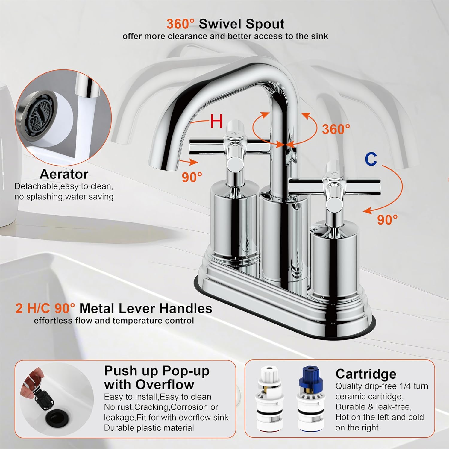 Two Handle Lavatory Faucet 4-inch Centerset Bathroom Sink Faucets with Drain Assembly for 3 Hole Sink Polished Chrome Finish DF-4303CCH-CP Duttao