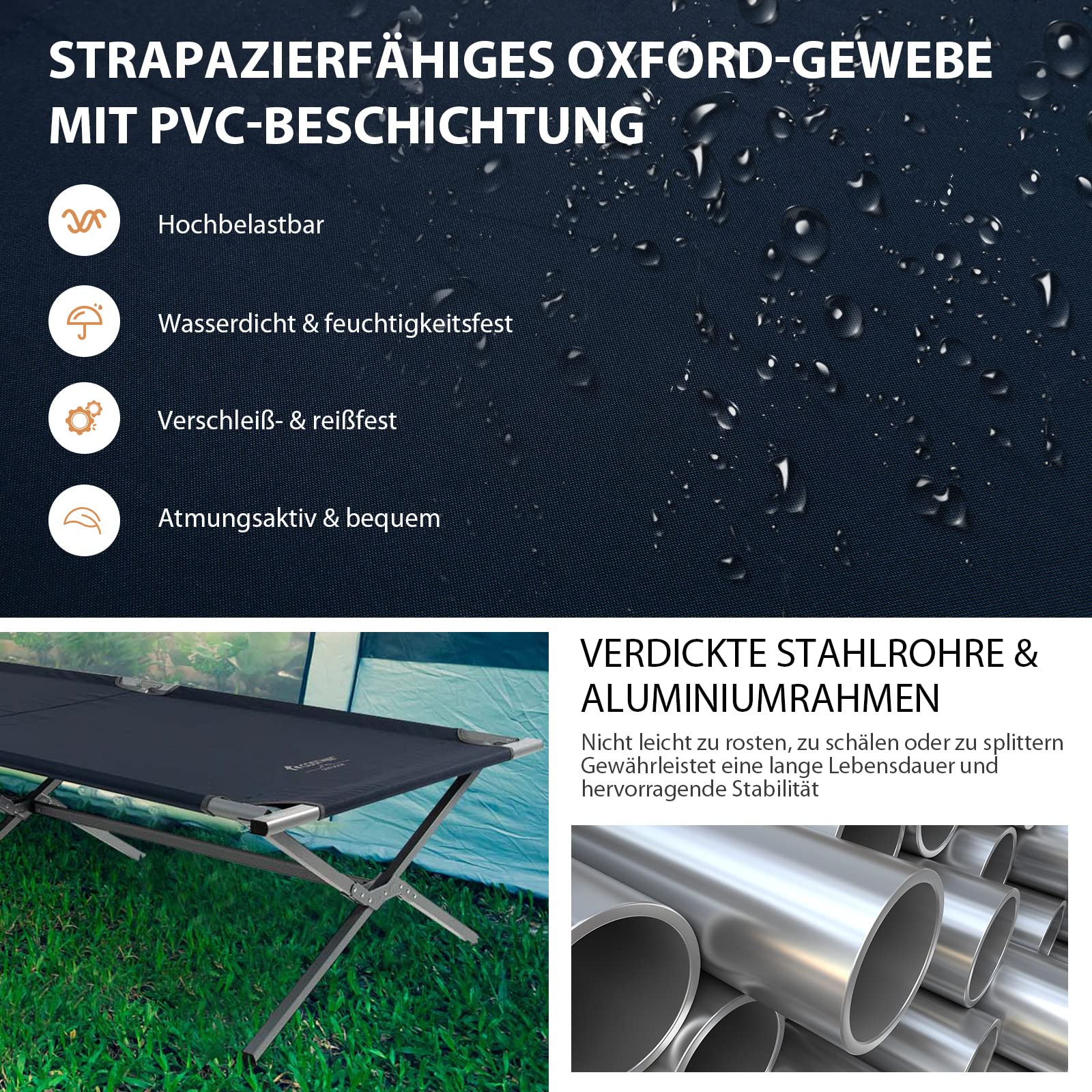 COSTWAY Łóżko polowe XXL, 214,5 x 106 cm, łóżko kempingowe z kieszenią boczną, przenośny leżak kempingowy o obciążeniu do 150 kg, w zestawie torba do noszenia, składane łóżko na kemping, plażę