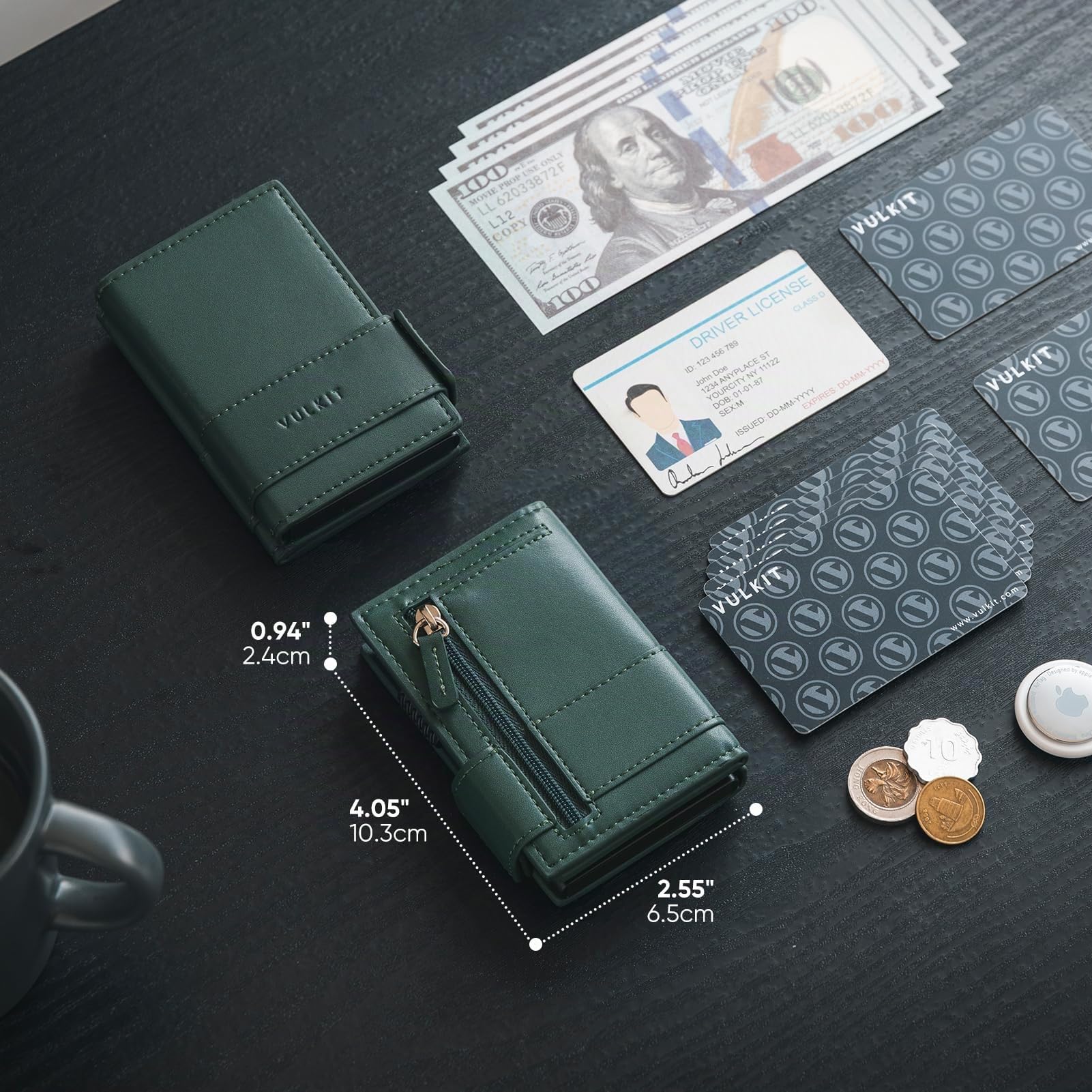 VULKIT Tarjetero Plegable de Piel Cartera para Hombre, Tarjetero de Metal con Bloqueo RFID, para 9 Tarjetas y Billetes, con Ventana para Ranura para Tarjeta de ID y Bolsillo para Moned