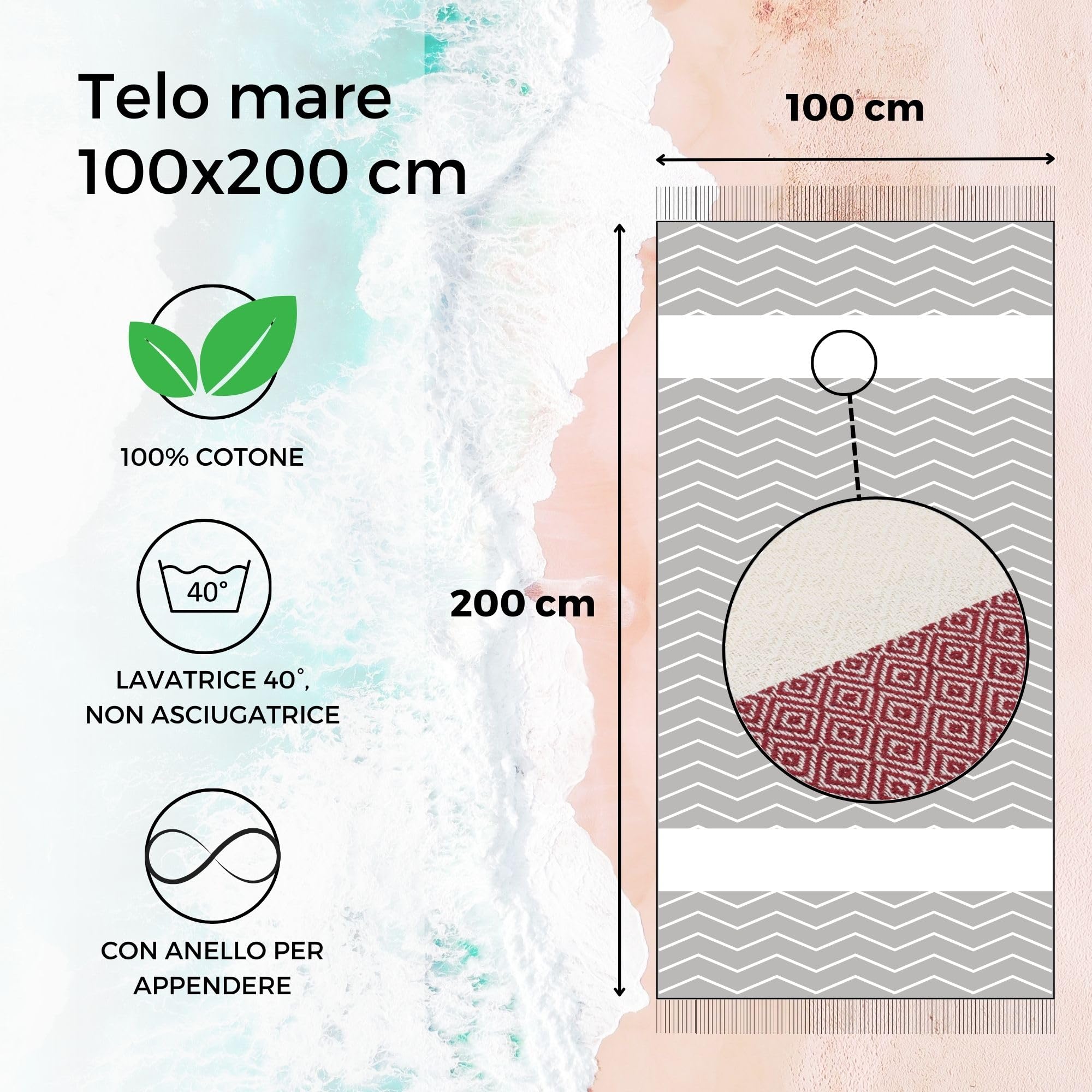 furora HOLIDAY Telo Mare Grande, cotone 100x200 cm | Telo Spiaggia antisabbia | Asciugamano Mare Fouta, frange e angoli - Pareo Donna Uomo Ragazzi | Pic Nic Beach Towel Coperta, lungo leggero