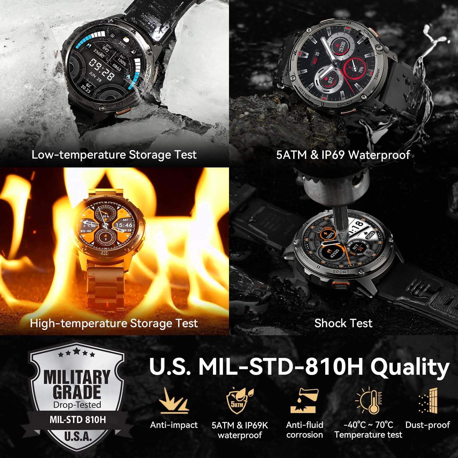 Relojes inteligentes para hombres, batería extra larga de 60 días, llamada Bluetooth militar resistente (contestación/llamadas de marcación), pantalla AMOLED Ultra HD de 1.43 pulgadas, reloj 2