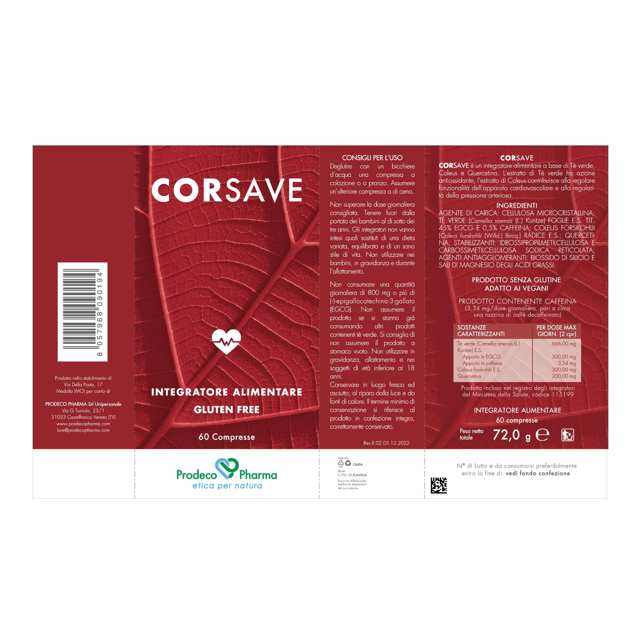Prodeco Pharma CORSAVE Integratore Alimentare per la Funzionalità Cardiovascolare - 60 Compresse con Tè Verde, Coleus e Quercetina