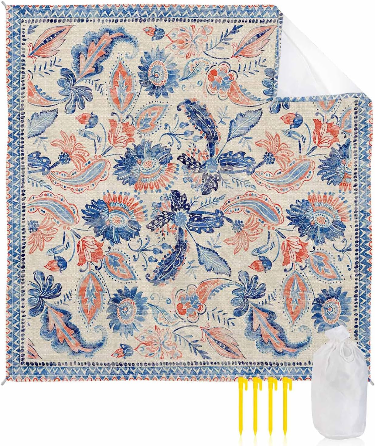 Vintage Boho Floral Leaves Art on Flax Beach Blanket Waterproof Sandproof Outdoor Picnic Mat 83"x79" Seamless Paisley Flower Texture Lightweight Large Beach Blankets with 4 Stake & 4 Corner Pockets