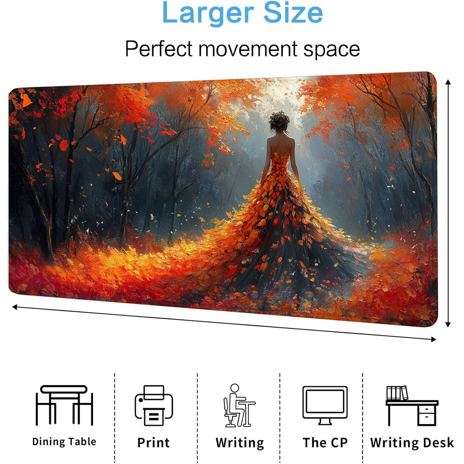 Damska podkładka pod mysz XXL Jesień 1600 x 800 x 4 mm Podkładka pod mysz do gier, duża wodoodporna antypoślizgowa podkładka na biurko, podkładka pod mysz szyte krawędzie dla graczy, komputer,