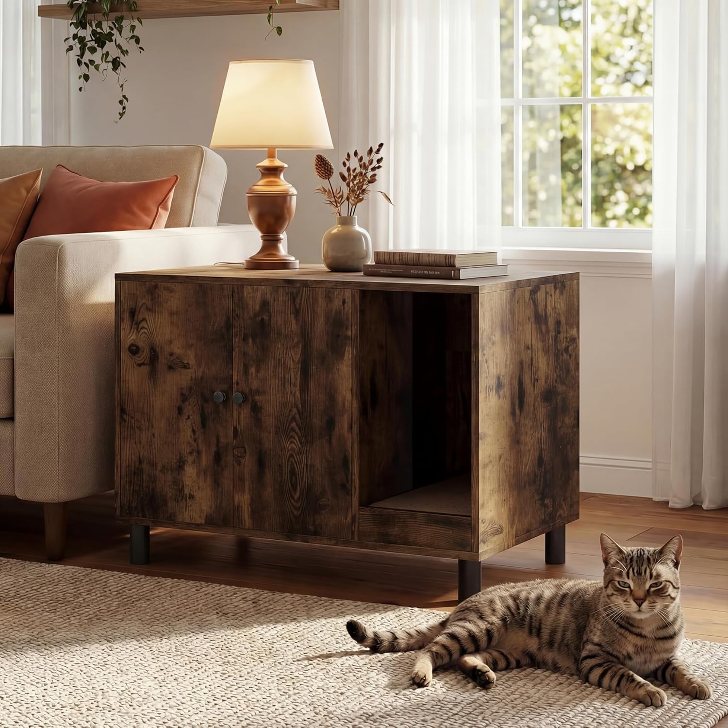 Greesum 2-in-1 Hidden Cat Litter Box Enclosure with Scratching Mat | Multi-Functional Cat Washroom Furniture, Wooden Side Table & Nightstand