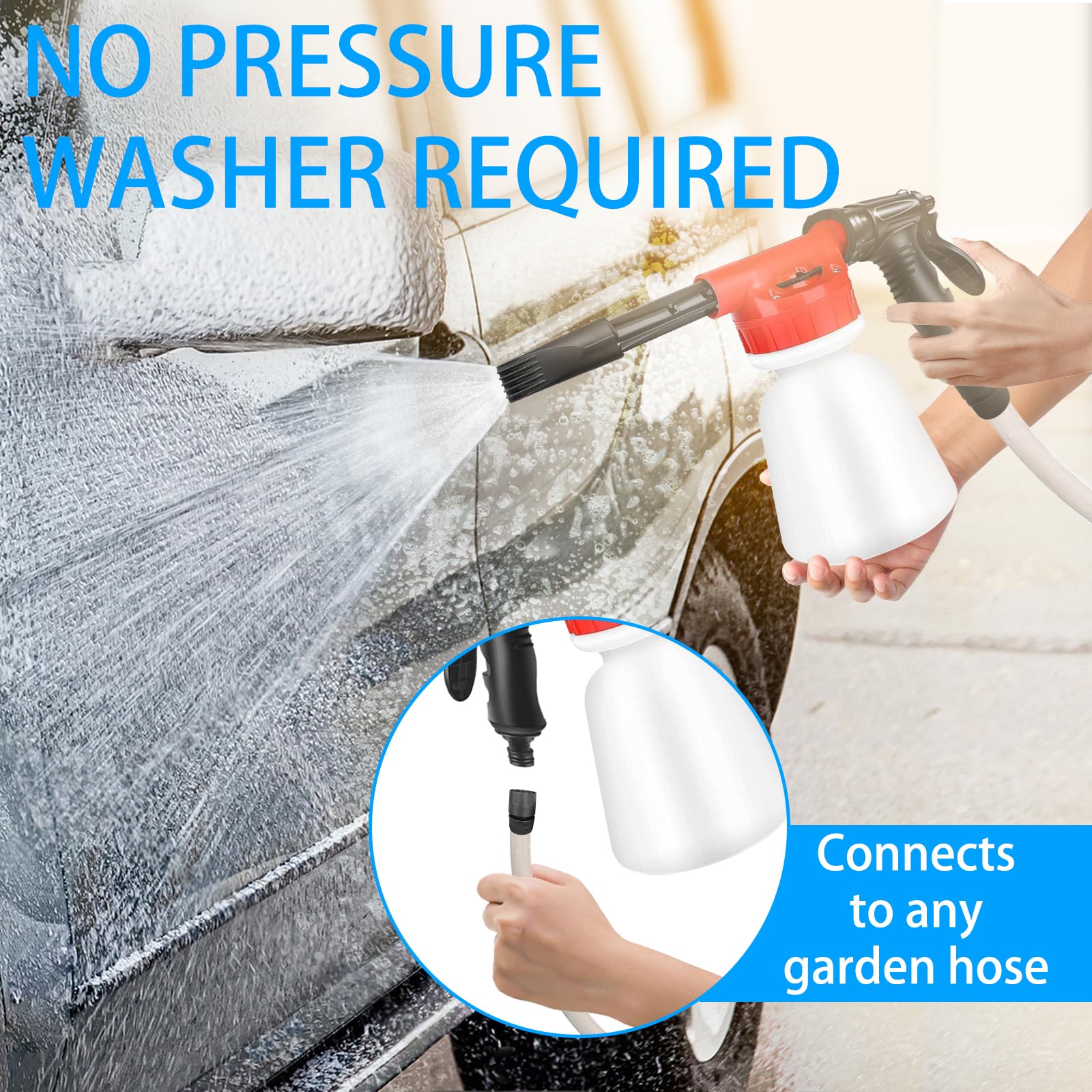 Pulvérisateur à mousse pour voiture - 1000 ml - Réglable - Pour lavage de voiture, grande capacité avec bande anti-fuite - Canon à mousse 2 en 1 pour le lavage, l'arrosage du jardin, la douche