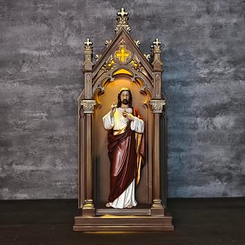 BC Catholic Sacred Heart of Jesus Statue, Jesus Christ Sculpture, 14.9 H Blessed Tabletop Shrine with LED Light, Religious Gift for Father's Day, Renaissance Sculpture Handmade by Buildclassic
