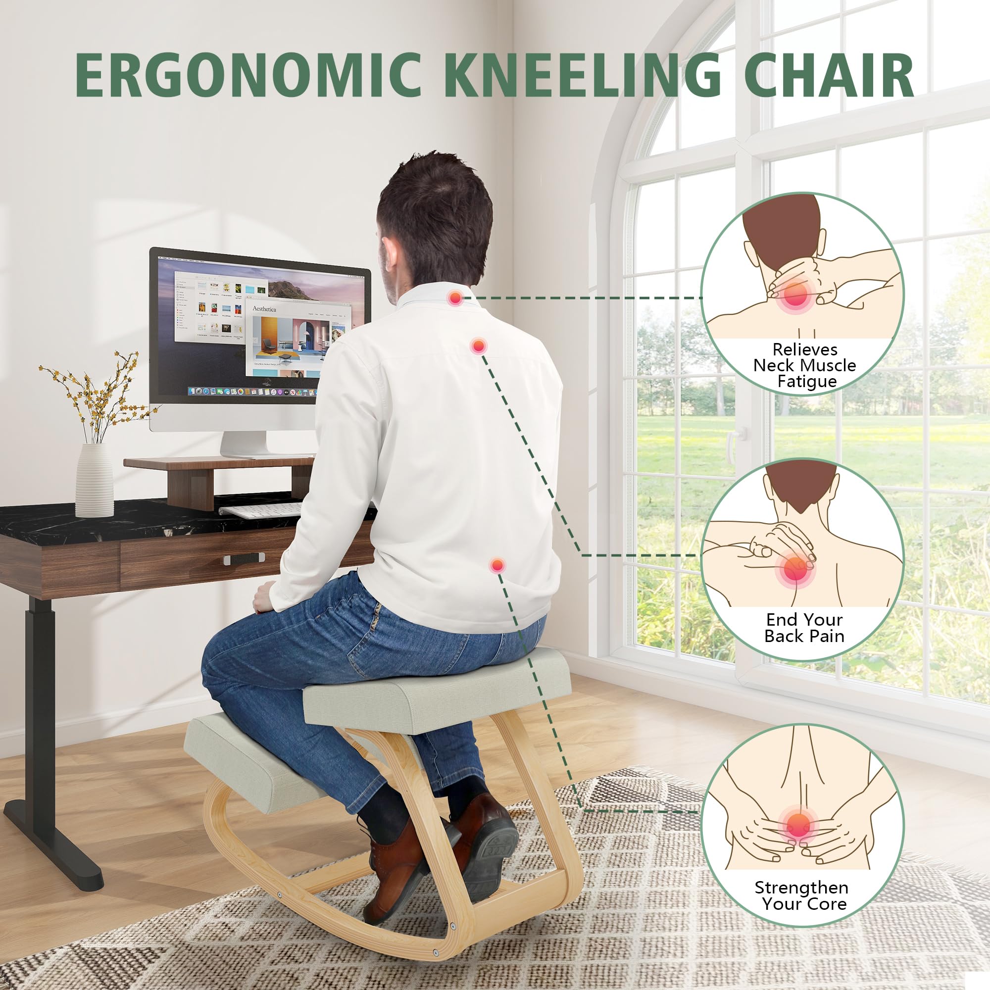 Ergonomischer Kniestuhl ausMassivholz mit Wippfunktion,gepolsterte Sitz-und Knieauflage fuirBuro, Homeoffice und Lernen, bis 100kg