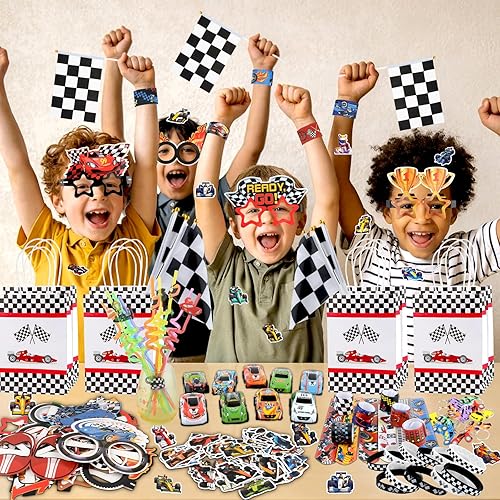 Vista 7 de Juego de 150 recuerdos de fiesta de autos de carreras, suministros de decoración de cumpleaños con temática de autos de carreras, bolsas