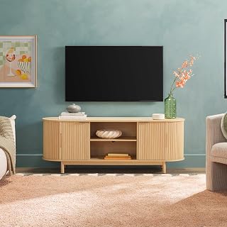 Walker Edison 60 Inch Coastal Oak Reeded TV Stand for 70" TVs - Modern Curved Credenza with Sliding Doors, Adjustable Shelves & Cord Management