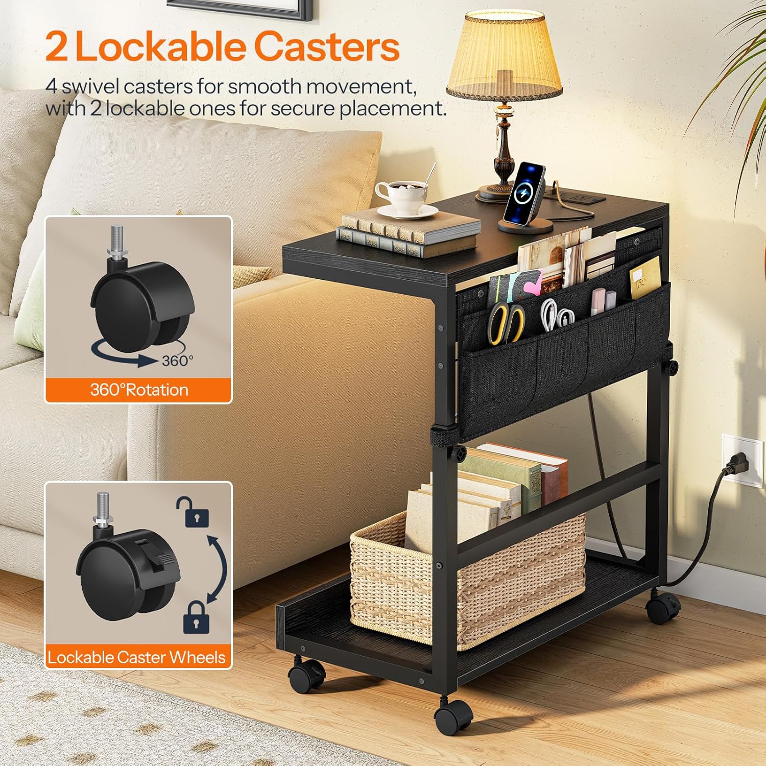 HOOBRO PC Stand , Height Adjustable PC Tower Stand with Charging Station, 21.7" L x 13.8" W Mobile Computer Tower Stand with Locking Casters & Storage Pockets, CPU Holder Stand Under Desk, for Home Office, Bedroom BB72UCJ01