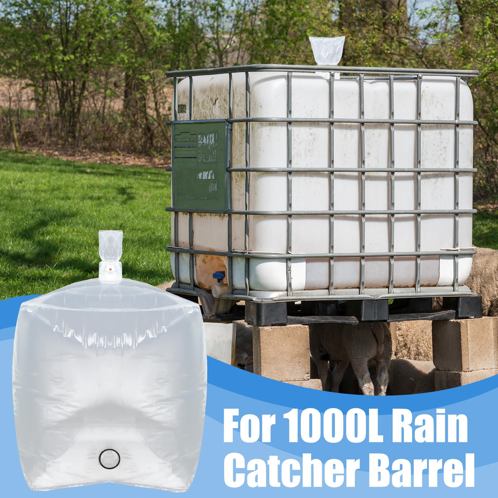 Teenyyou IBC - Cubierta para tanque de agua de 275 galones con salida de agua inferior, bolsa de almacenamiento de agua IBC, accesorios de protección para barril de lluvia de 1000 L