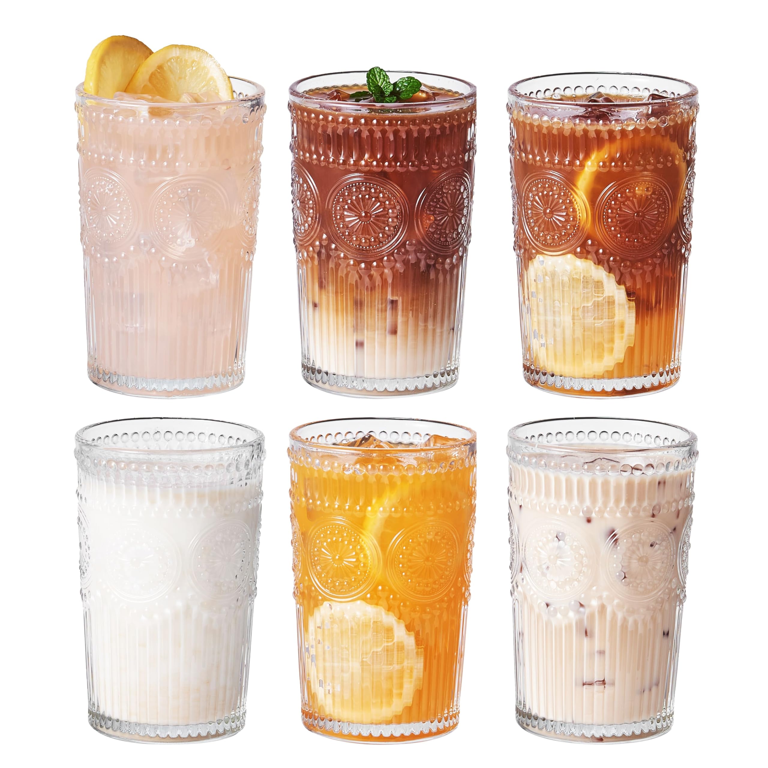 Eden & Willow E&W Set of 6 Embossed Highball Drinking Glasses, Tumblers for Cocktails, Hot and Cold Drinks (Set of 6, 345ml)