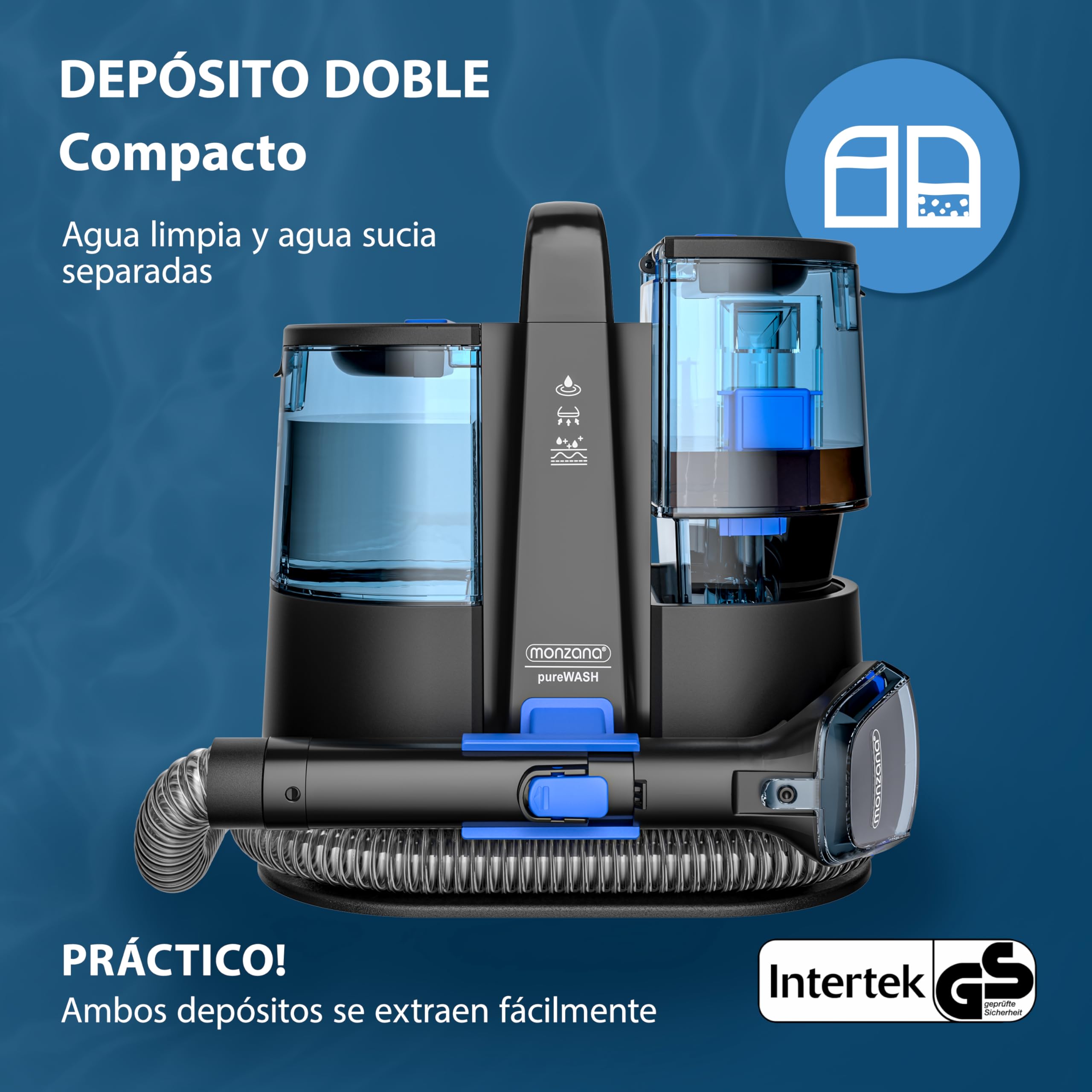 MONZANA® Limpiador de Tapicerías Cepillo 2 en 1 Manguera 1,2 m Alcance 5,5 m Portátil Aspirador en Seco Húmedo Vapor Alfombras Muebles Sofas Coches