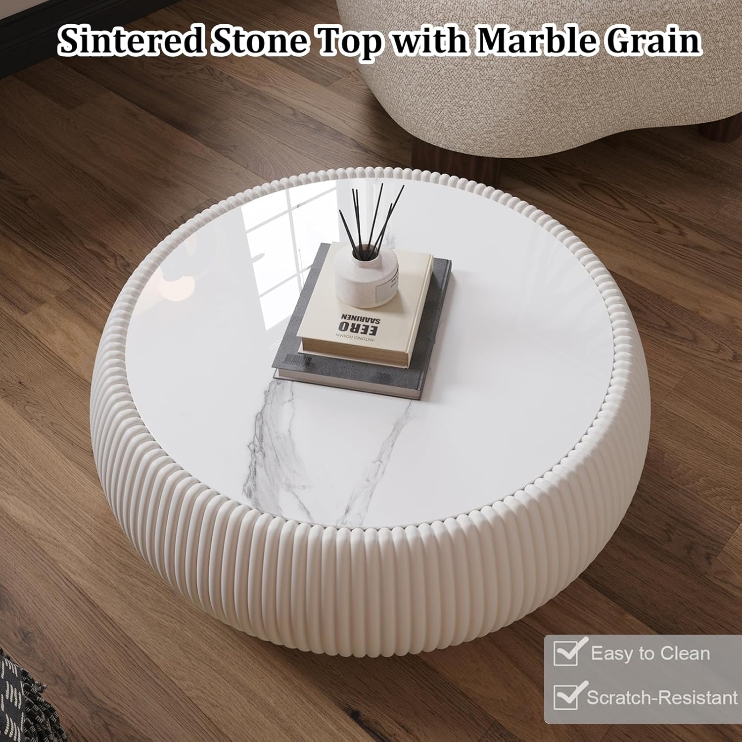 Round Drum Coffee Table Modern Sintered Stone Top Coffee Table in Cream White Leatherette Drum-Shape Center Table for Living Room Bedroom,Fully Assembled