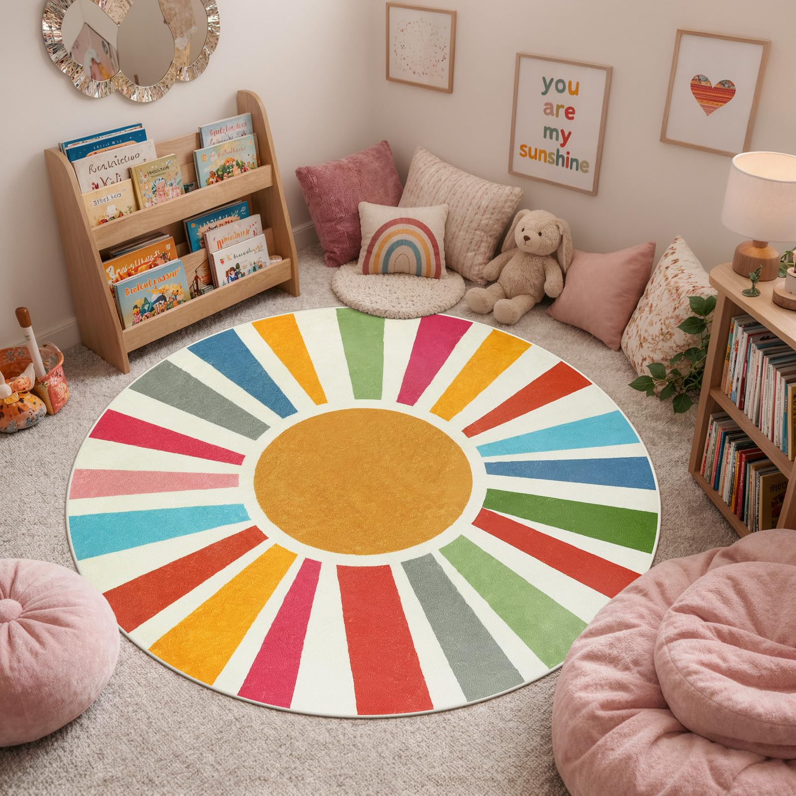 STARUIA Boho-Teppich, waschbar, 152 cm, runder Teppich für Schlafzimmer, Regenbogen-Kreis, Kinderteppiche für Büro, rutschfester Kreis-Teppich, weiche Sonnenschein-Teppiche für Schlafsaal