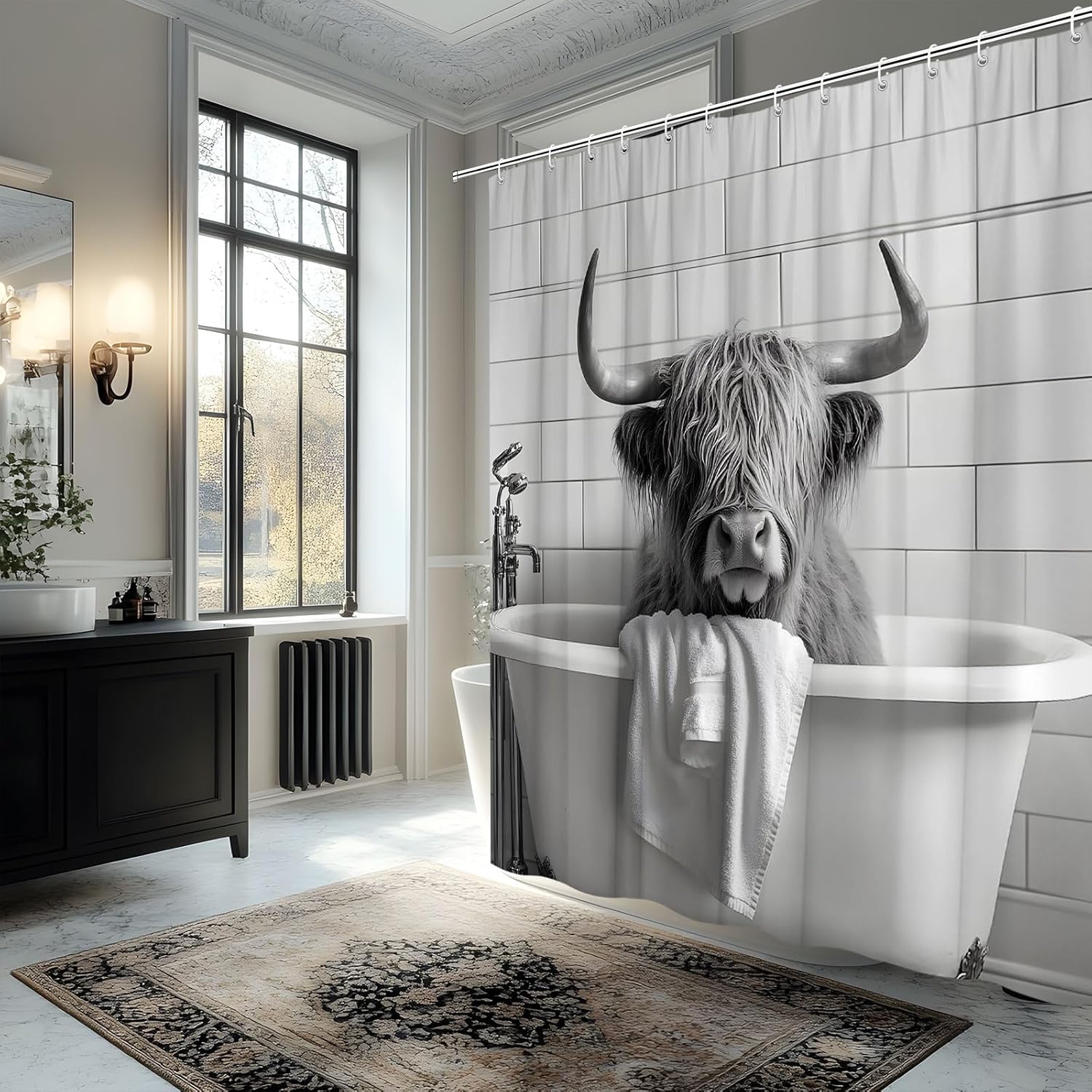 Funny Highland Cow Shower Curtain Western Cattle is Sitting in The Bathtub and Taking a Bath Farmhouse Animal Vintage Gray Background Decorative Curtain with Polyester Fabric