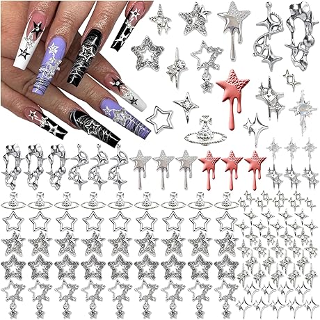 Top-Tier Silver Nail Charms: XIYONALI's Starburst Nail Gems for Alluring Nail Art