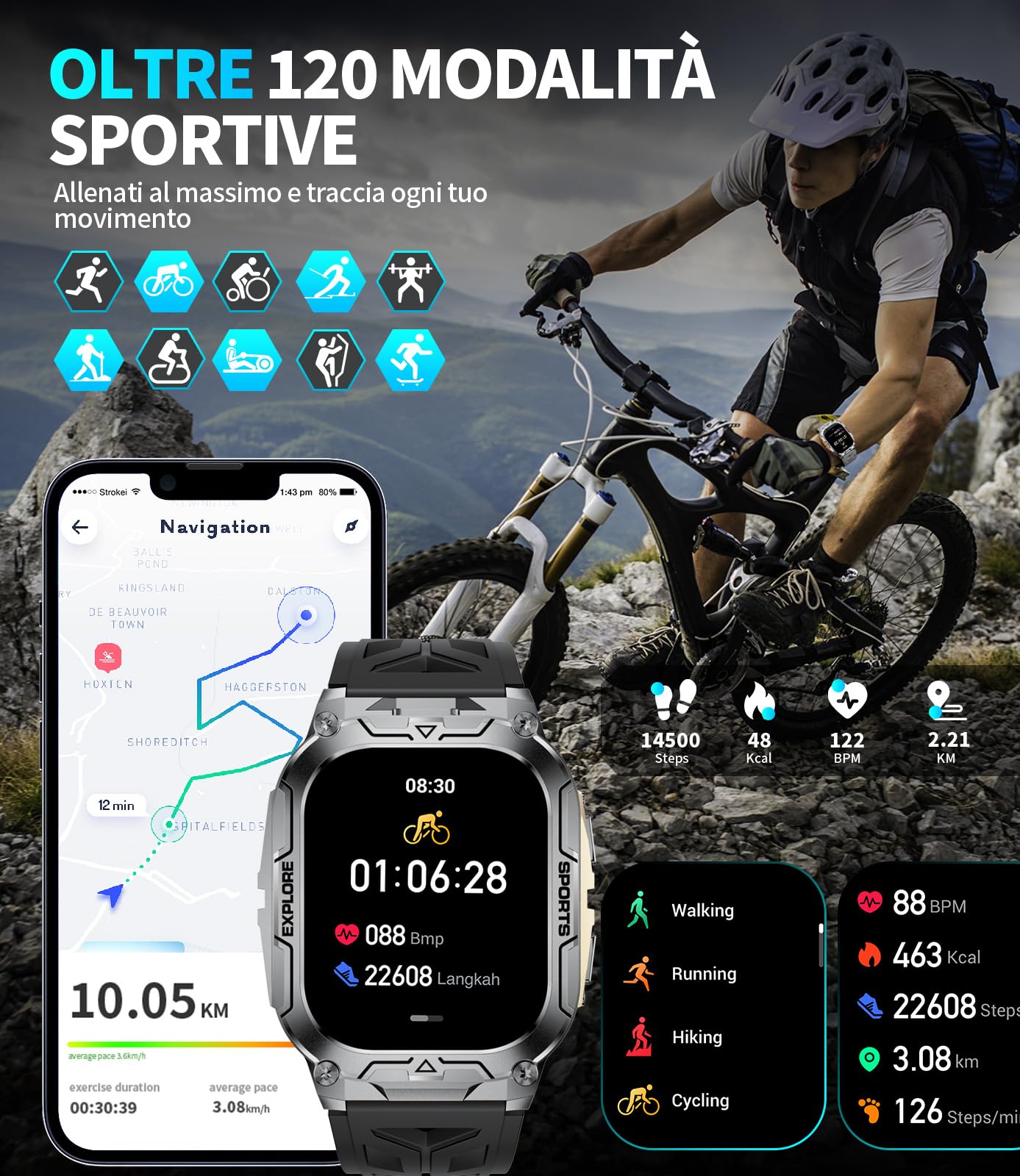 1000mAh Batteria Smartwatch Uomo Militare, 2.01'' Orologio Smart Watch con Chiamata Bluetooth, Torcia LED Orologio Fitness, 100+ Modalità Sportive, IP68 Impermeabile per Android iOS