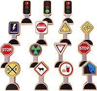 ZanyTrains 15 Wooden Traffic Signs for Kids - Street Signs for Toy Trains, Cars & Play Mats - Educational Train Track Accessories Series 2