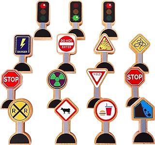 15 Pieces - Wooden Traffic Signs For Kids - Zany Street Signs for Play Mats, Toy Trains and Cars - Wooden Street Signs Road Signs - Educational Preschool Train Track Accessories - Zany Trains Series 2