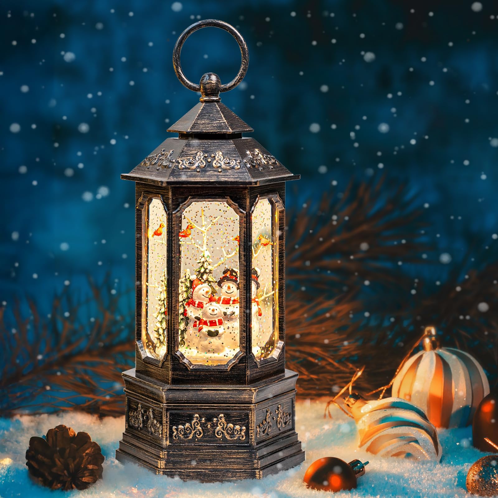 Christmas Snow Globe Swirling Glittering Snowman Choir & Cardinal with Music & Timer, USB Lined/Battery Operated Lighted Water Lantern for Christmas Festival Decoration Gifts