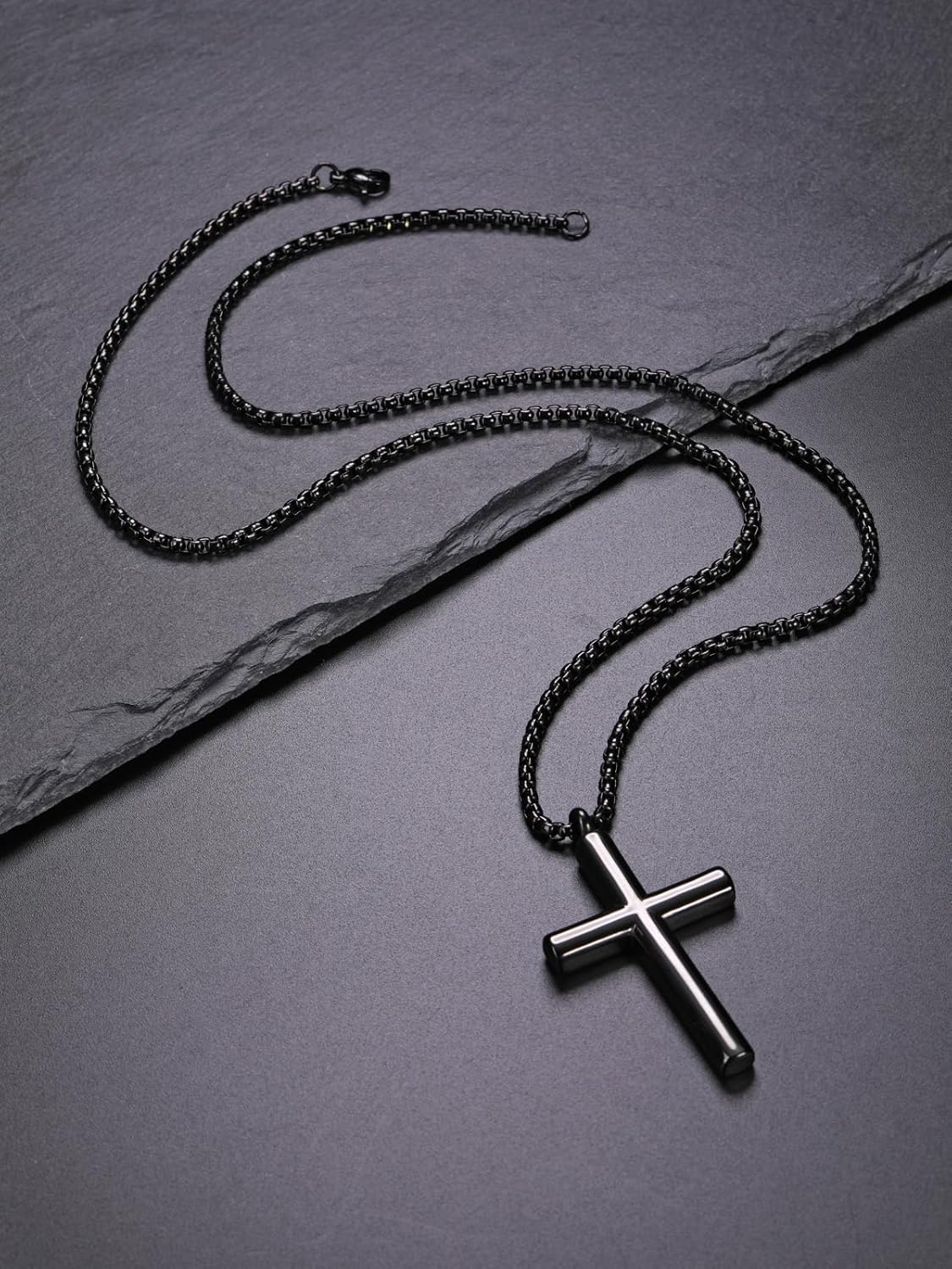 Jovivi Mens Necklace Set 2pcs Matte Black Agate Tigers Eye Gemstone Beaded Healing Crystal Necklace Stainless Steel Cross Pendant Necklace for Men Meditation Jewelry - Image 4