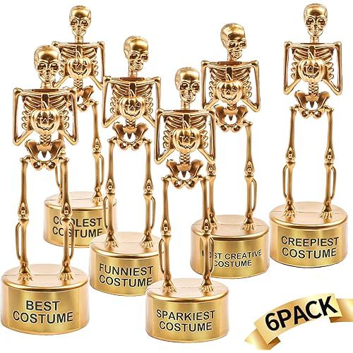 FOIMAS Halloween Best Costume Skeleton Trophy,6 Pack Halloween Skull Costume Contest Awards Gold Bones Game Prize for Kids Adult Halloween Costume Event Trophy School Classroom