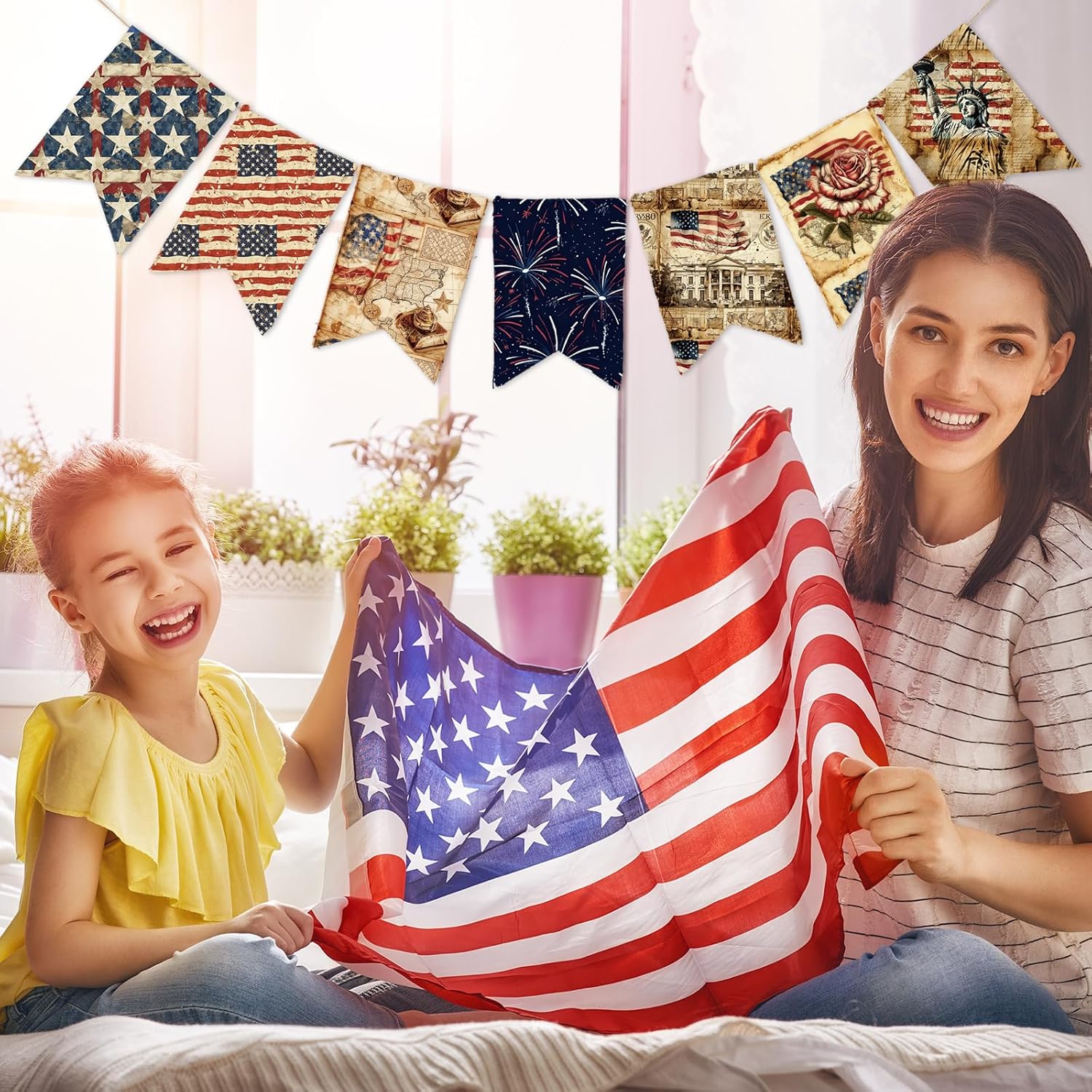 Whaline 12Pcs Patriotic Cotton Fabric Bundles Fat Quarters Vintage 4th of July Star Firework American Flag Sewing Fabrics for Independence Day DIY Craft Party Decor, 18 x 22 Inch