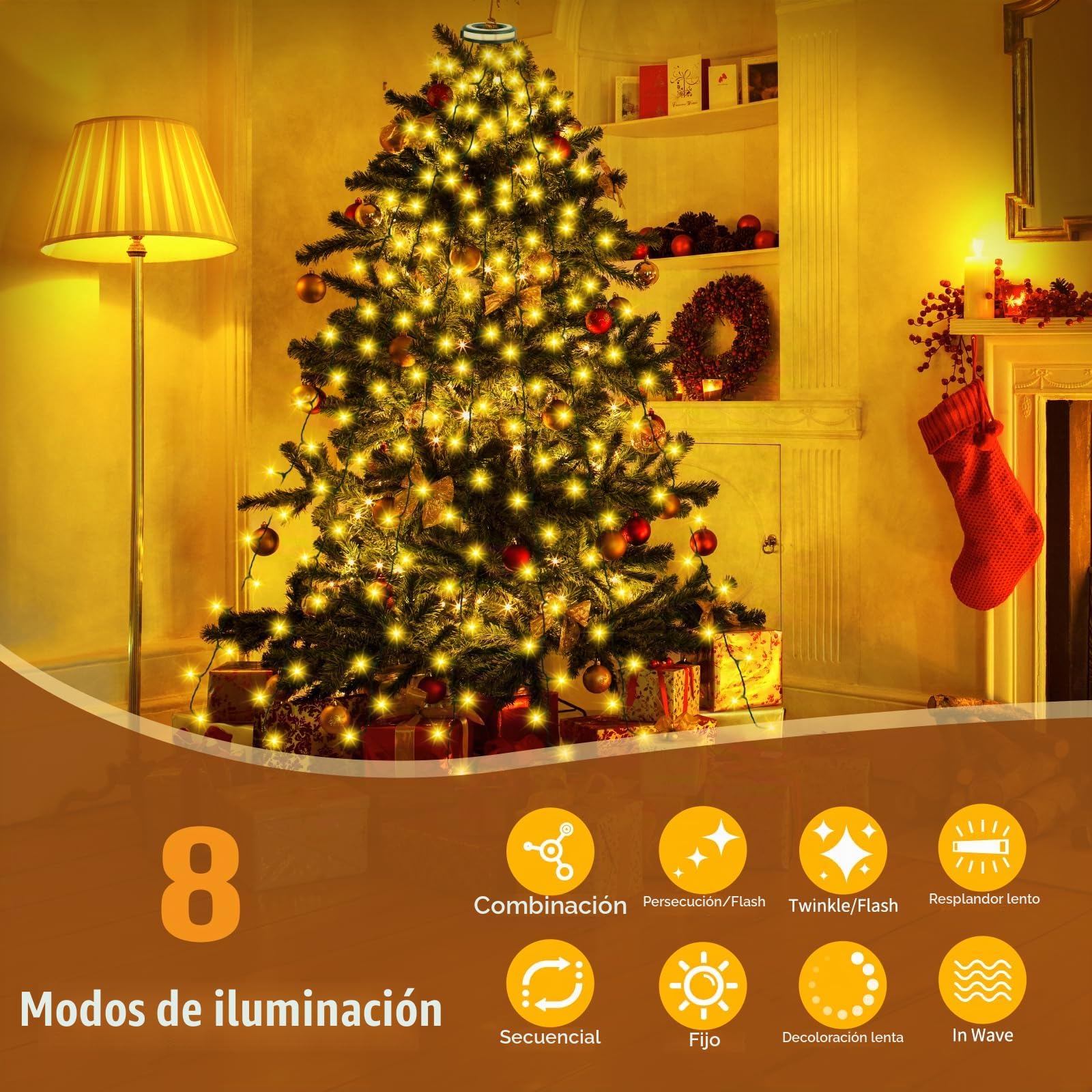 Nextronix Luces Arbol Navidad con Anillos Brillantes, 2.5m x 12 Cadena de Luces 320LED, IP44 Impermeable Guirnalda Luces Exterior con 8 Modos, Luz Navideña para Exterior, Interior, Arbol de Navidad