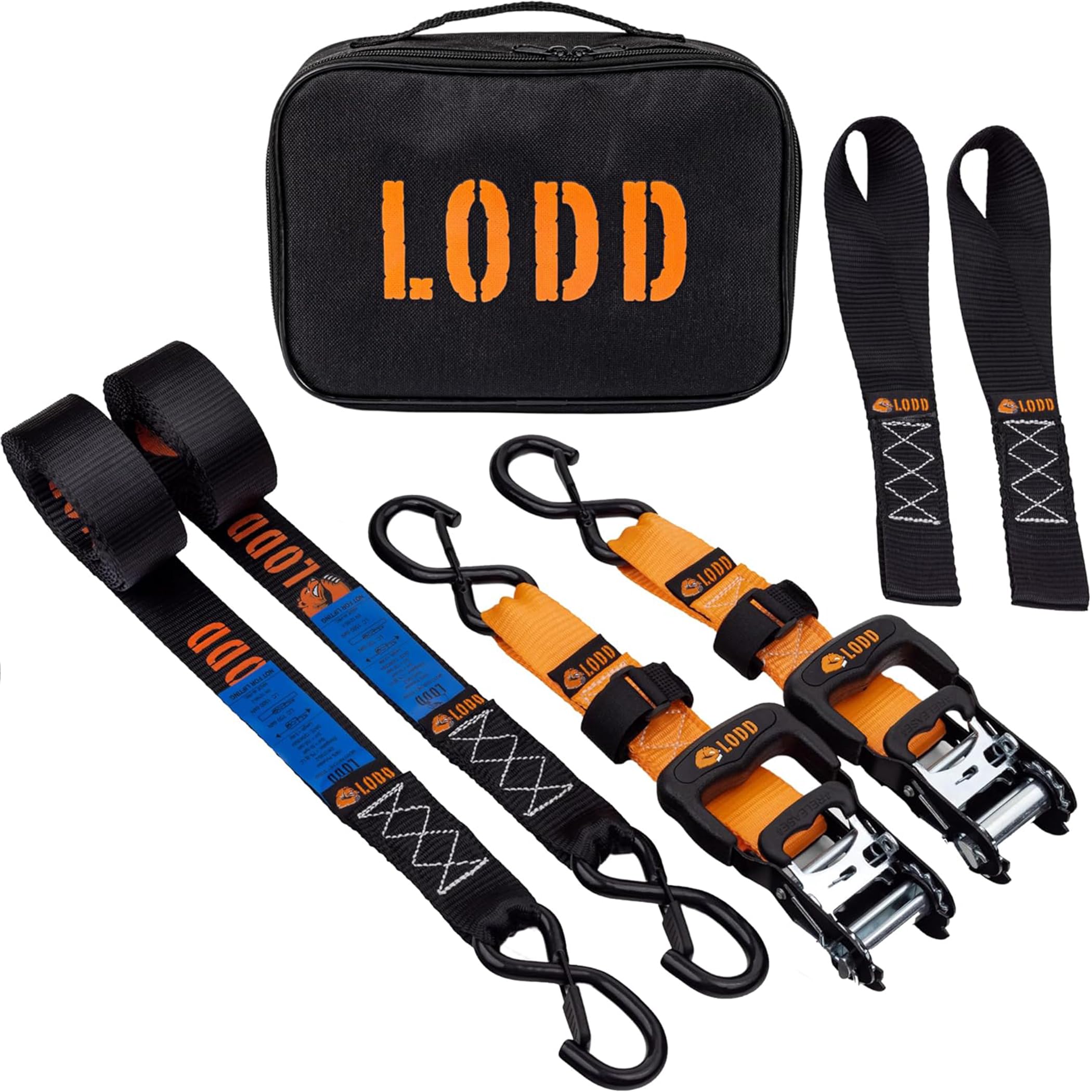 LODD - Lot de 2 Sangles d'Arrimage Moto à Cliquet 41mm x 3,4m - Crochets Sécurisés, Boucles Souples - Ultra Résistante 2000 kg - Idéal Moto, Quad, Remorque et Bateau - Sac de Transport Inclus