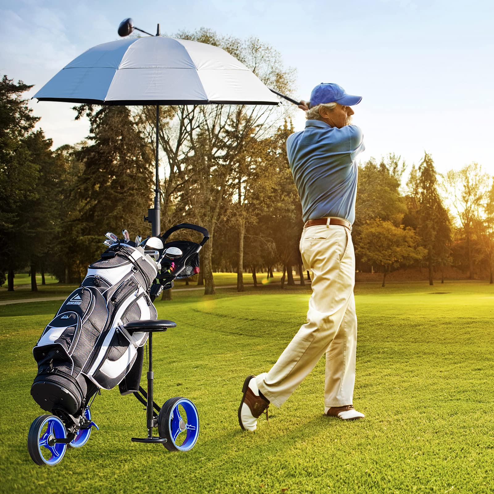 COSTWAY Chariot de Golf avec Siège Poignée Réglable, Voiturettes à Pousser Pliable à 3 Roues avec Tableau de Bord, Porte-Gobelet, Porte-Parasol, Frein au Pied, Roues Amovibles