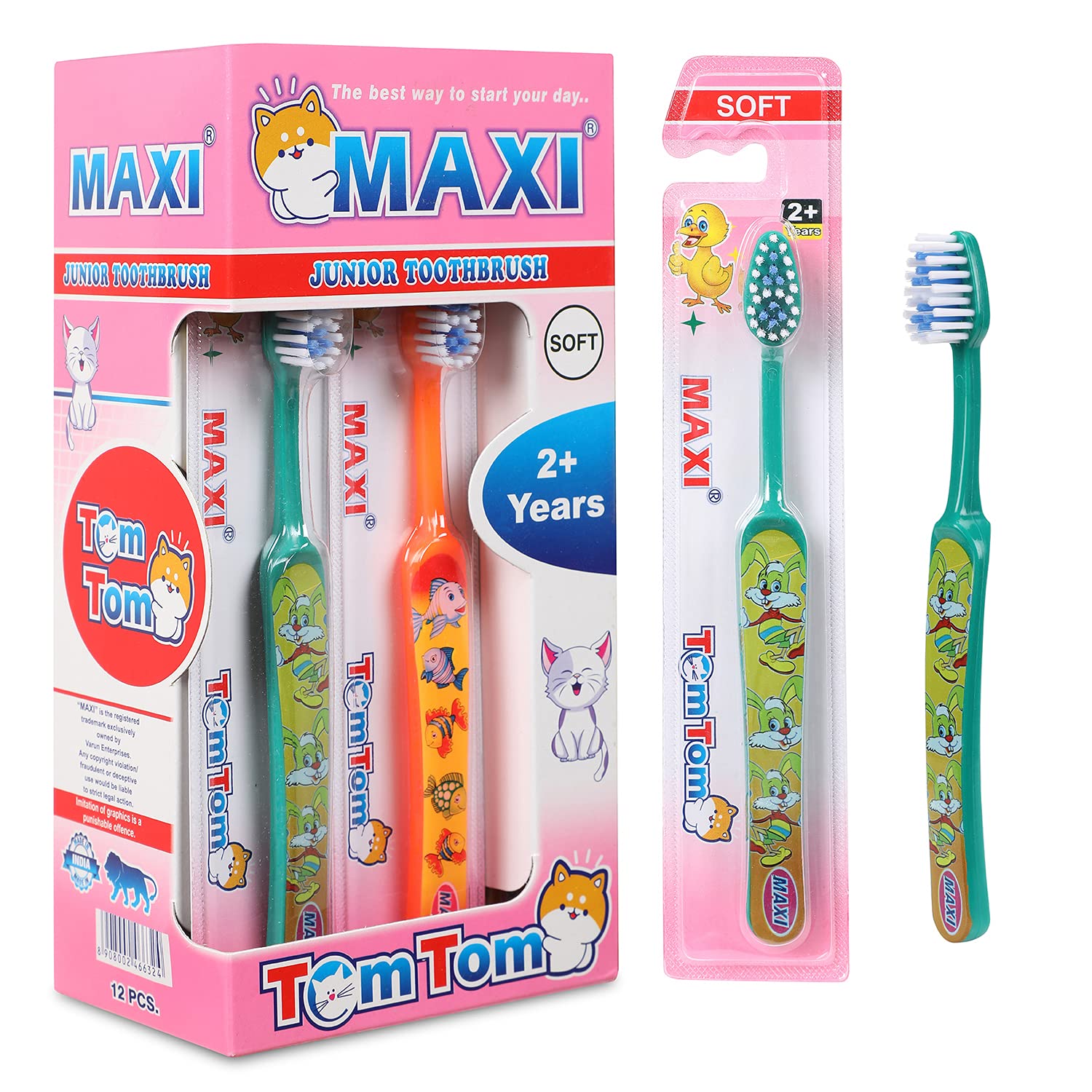 MAXI TomTom Kids Soft bristles Manual Toothbrush, Multicolor (Pack of 12)