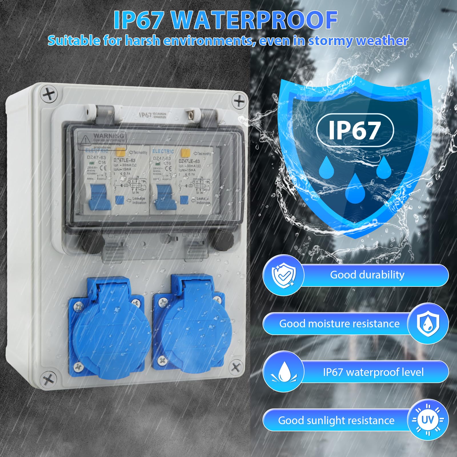 Distribuidor de Corriente 16A para Construcción, con Interruptor FI, IP67 Estanco, con 2 tomas de 230V, para Uso en Interiores y Exteriores, Talleres y Fábricas