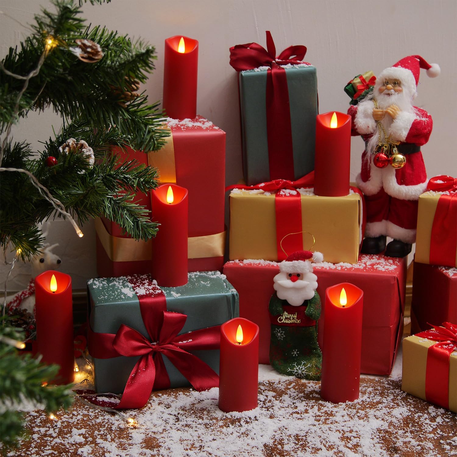 Homemory Christmas Flameless Candles, Battery Operated Candles with Remote Timers, Electric Fake Candles for Home, Christmas Decoration, Made of Plastic, Red/Burgundy, Set of 9 - Image 2