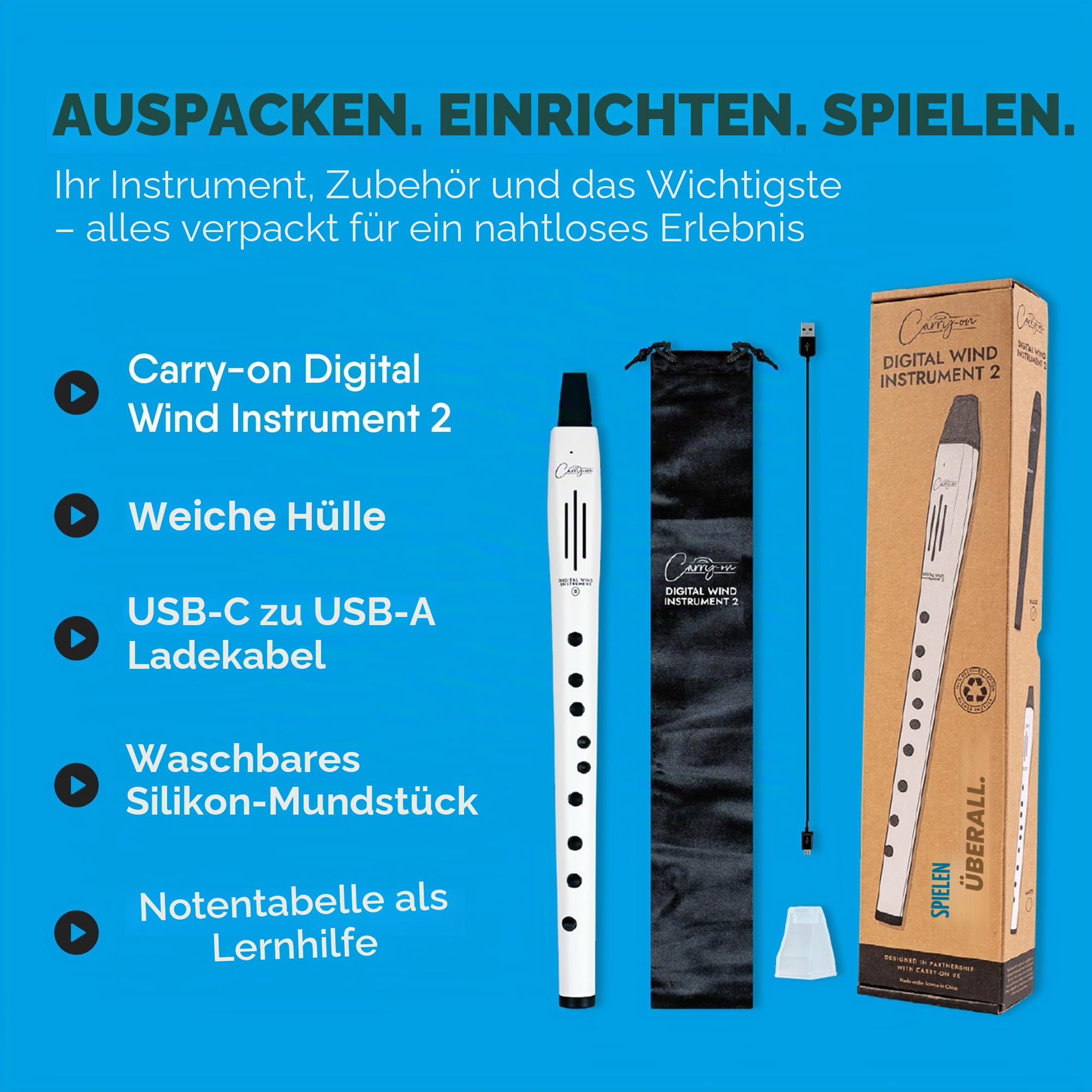 Carry-on Digitales Blasinstrument 2-10 Stimmen, eingebauter USB-Akku, Kopfhörerausgang für lautloses Üben, Midi Over Bluetooth Digital Recorder Weiß