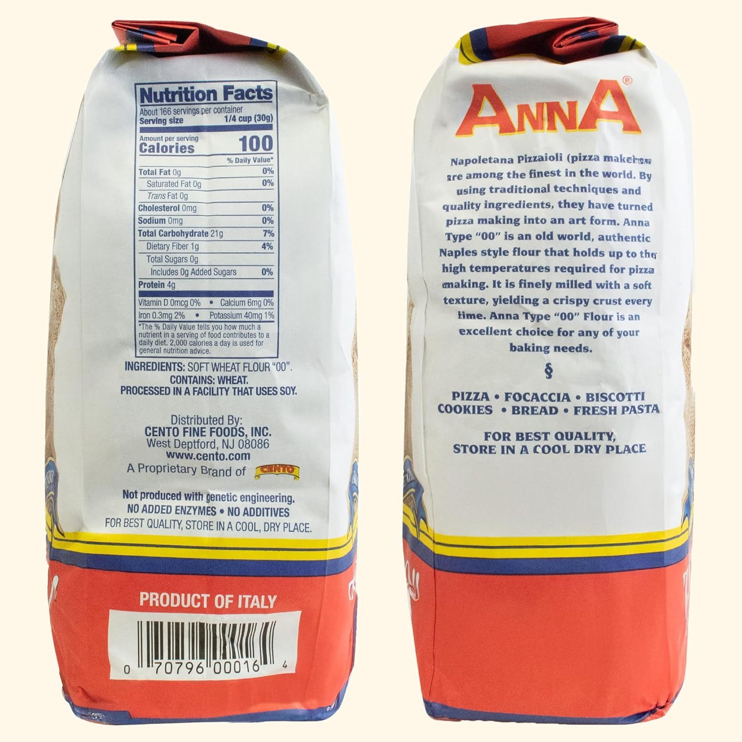Cento Anna Tipo 00 Flour, 11 Lbs., Extra Fine, Unbleached, Soft Wheat Flour, Perfect for Pizza Crust, Pasta & Bread, Grown and Processed in Italy