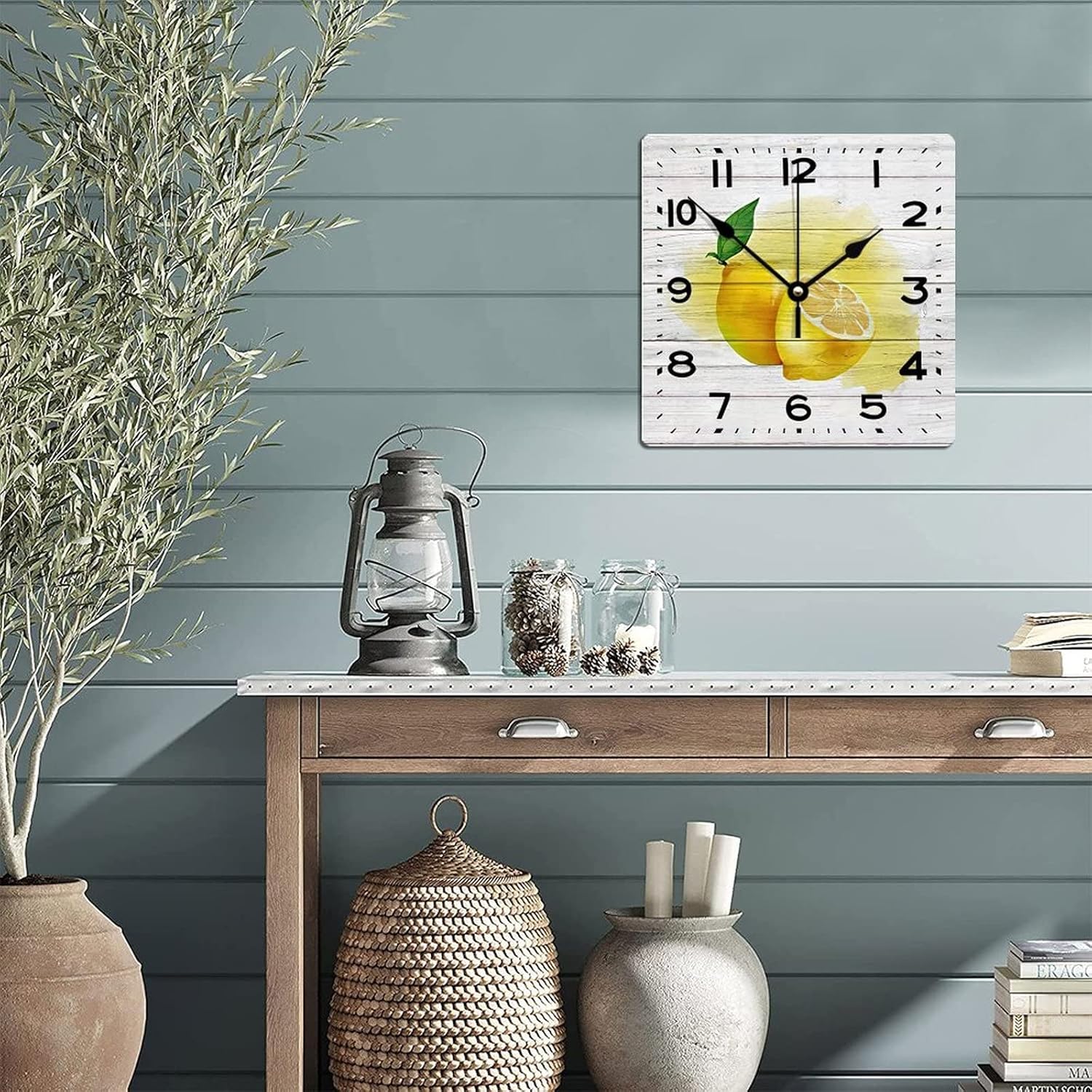 Wooden Wall Clock Fruits and Rustic Wood Lemon Battery Operated Square Wall Clock Stylish Classical Style Wood Clock Wall Decor Home Decor Clock for Bedroom Dining Room Dining Room 15 Inch