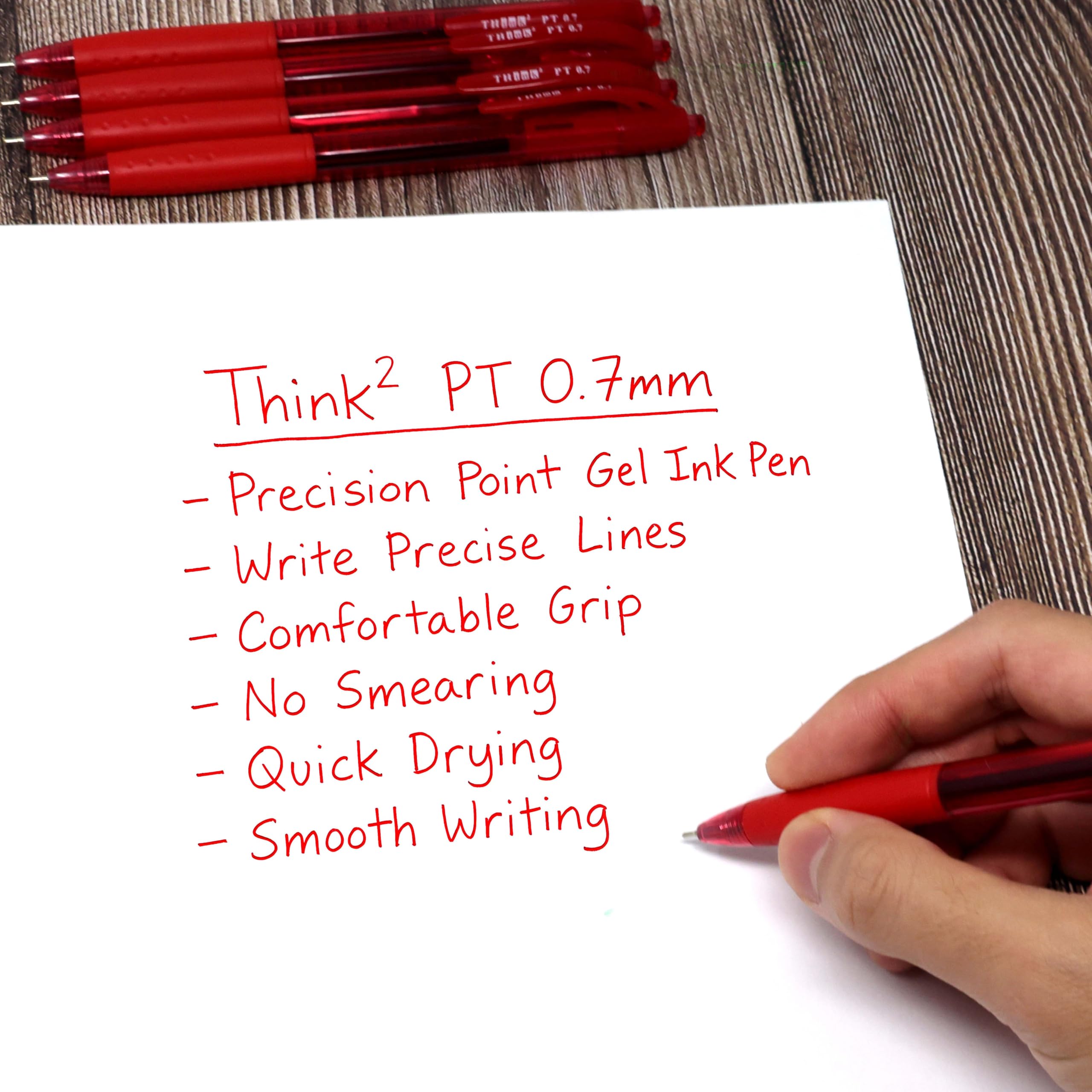 THINK2MASTER 24 bolígrafos de tinta roja Think2 de punta de precisión de 0,7 mm. (24 rojos) bolígrafos pequeños de punta fina con tinta suave de secado rápido.
