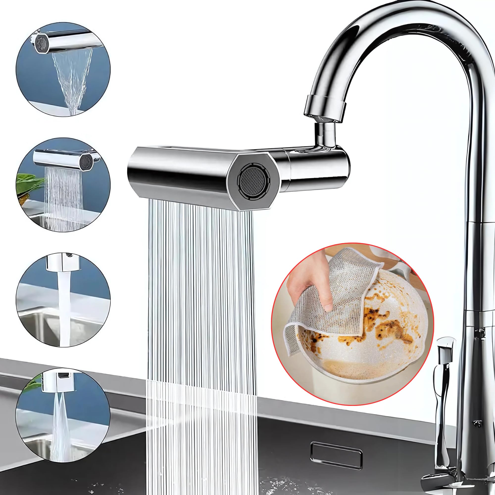 Ecstatic Royale 4-in-1 Waterfall Kitchen Faucet, 360° Swivel High Arc Kitchen Tap Extender, Durable Brass 4-Mode Faucet for Kitchen Sink with 2-Pack Non-Scratch Wire Dishwashing Rags