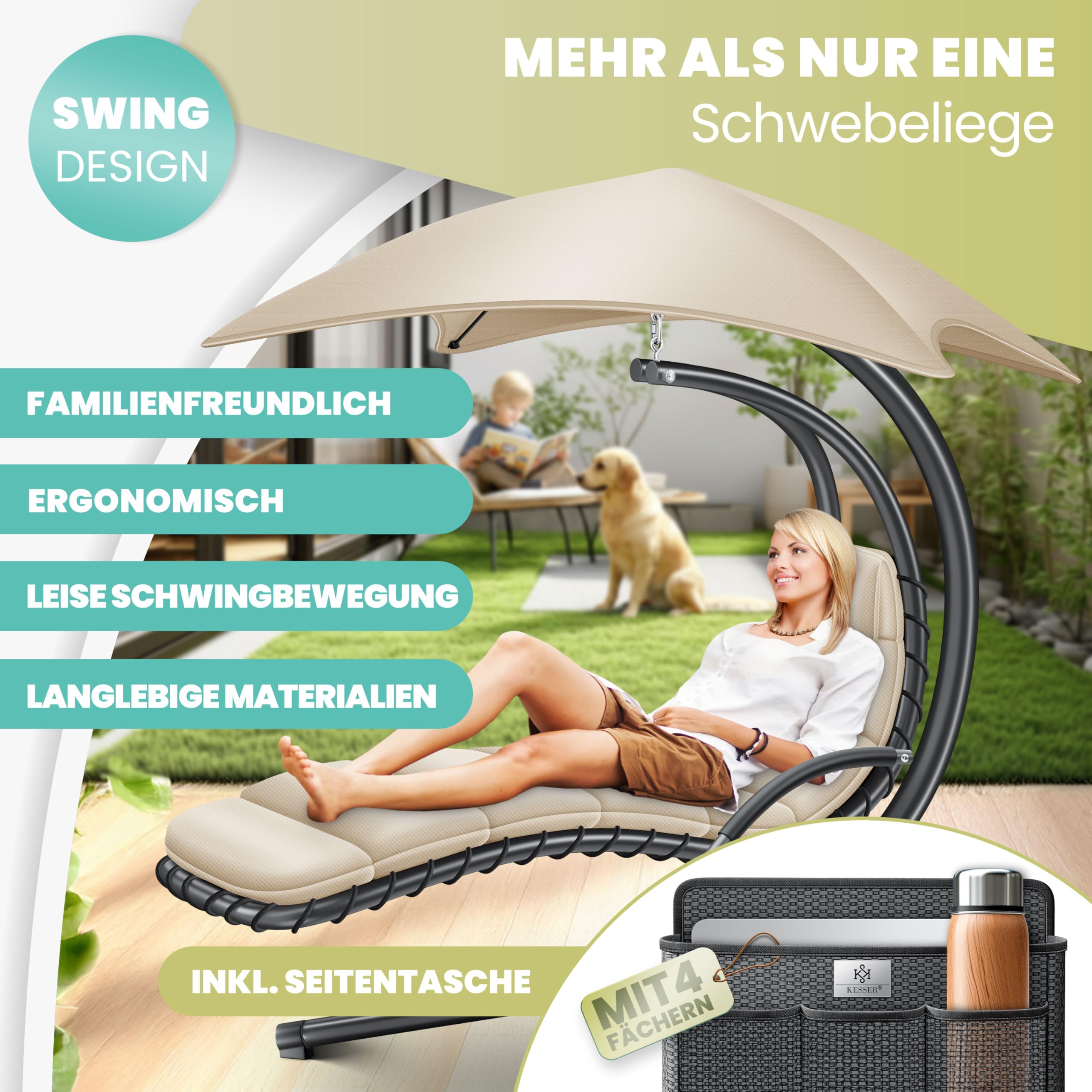KESSER® Leżak wiszący z parasolem przeciwsłonecznym, wys. 200, dł. 194, szer. 100 cm, leżak relaksacyjny, hamak, obciążenie do 120 kg, leżanka bujana, poduszka na kark, w zestawie torba, Beżowy